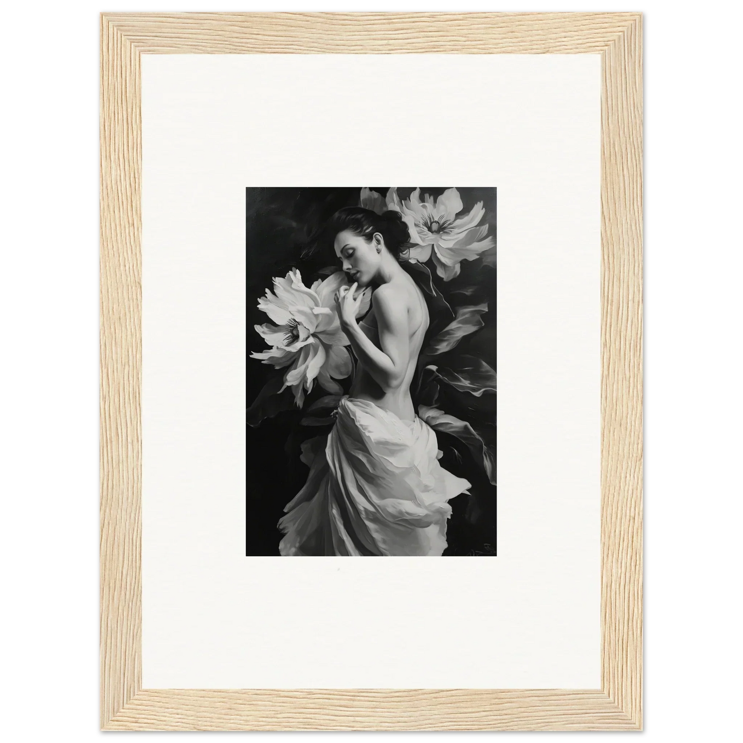 Black and white photograph of a woman in a flowing dress for Mond Apparition wall decor