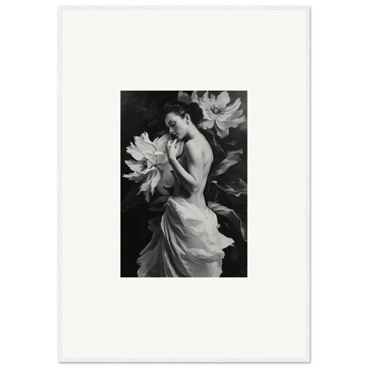 Black and white woman in flowing dress among flowers for Mond Apparition wall decor