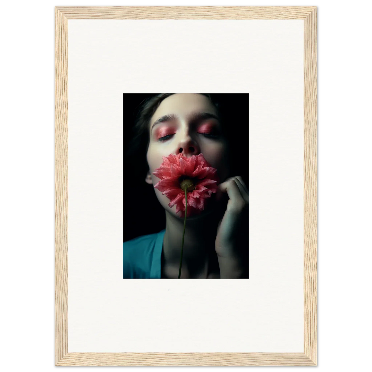 Framed portrait of a person with a pink flower, perfect wall art for room decoration