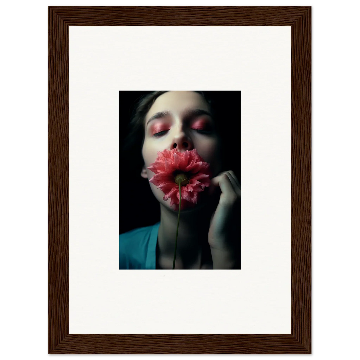 Framed wall art of a person with a pink flower, perfect for room decoration