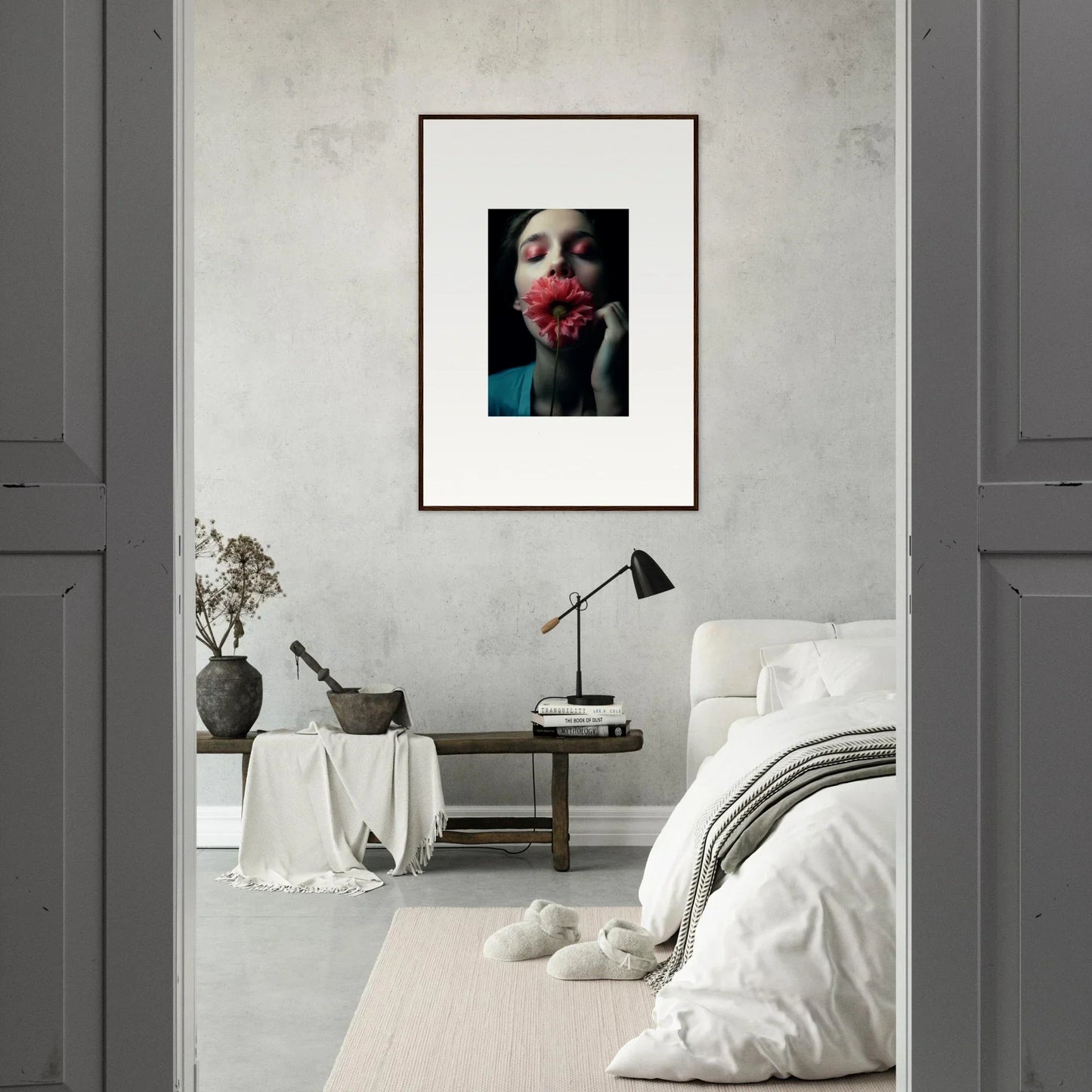 Framed wall art of a person with red flowers for unique room decoration in Petal Pulse