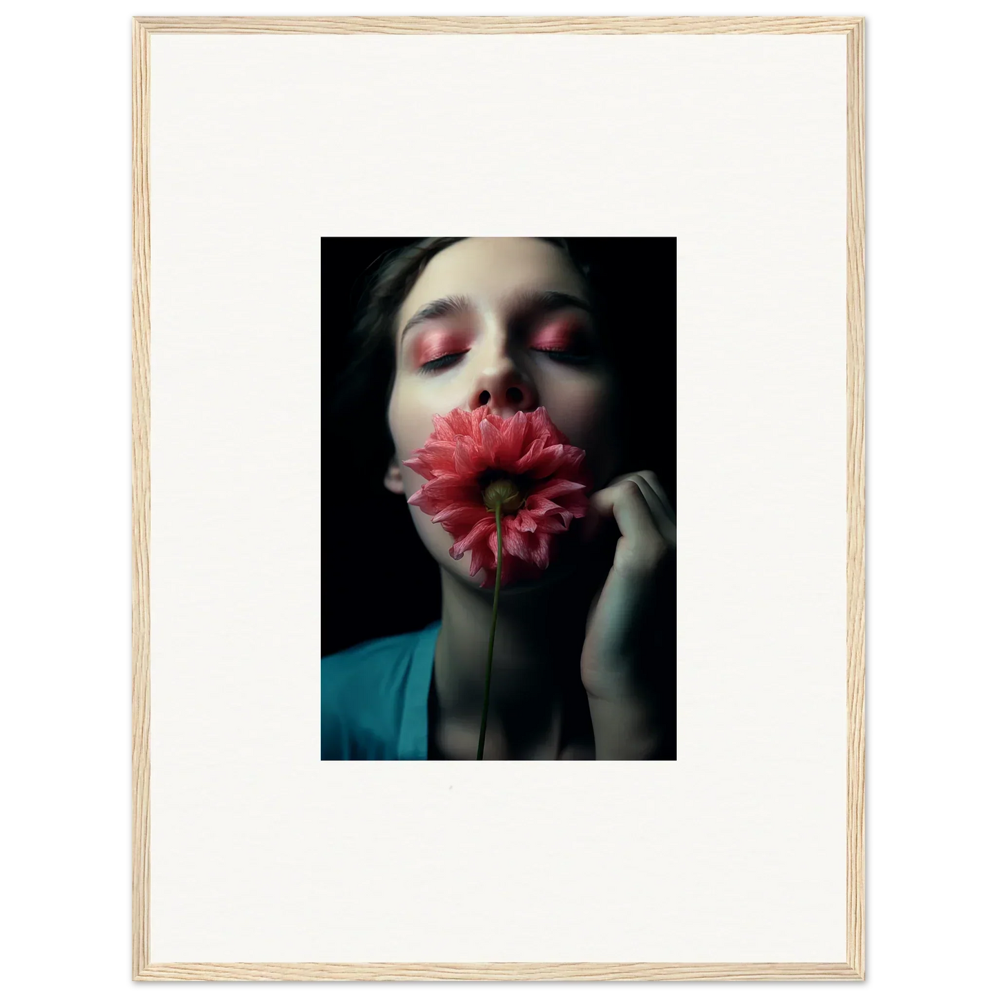 Person with closed eyes holding a pink flower for Petal Pulse wall art decor