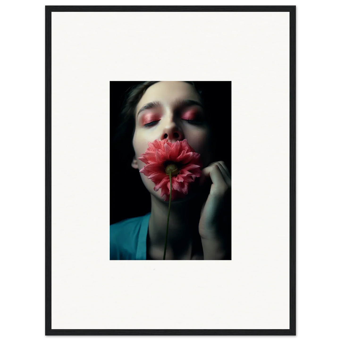 Portrait of a person with closed eyes holding a pink flower, perfect wall art for room decoration