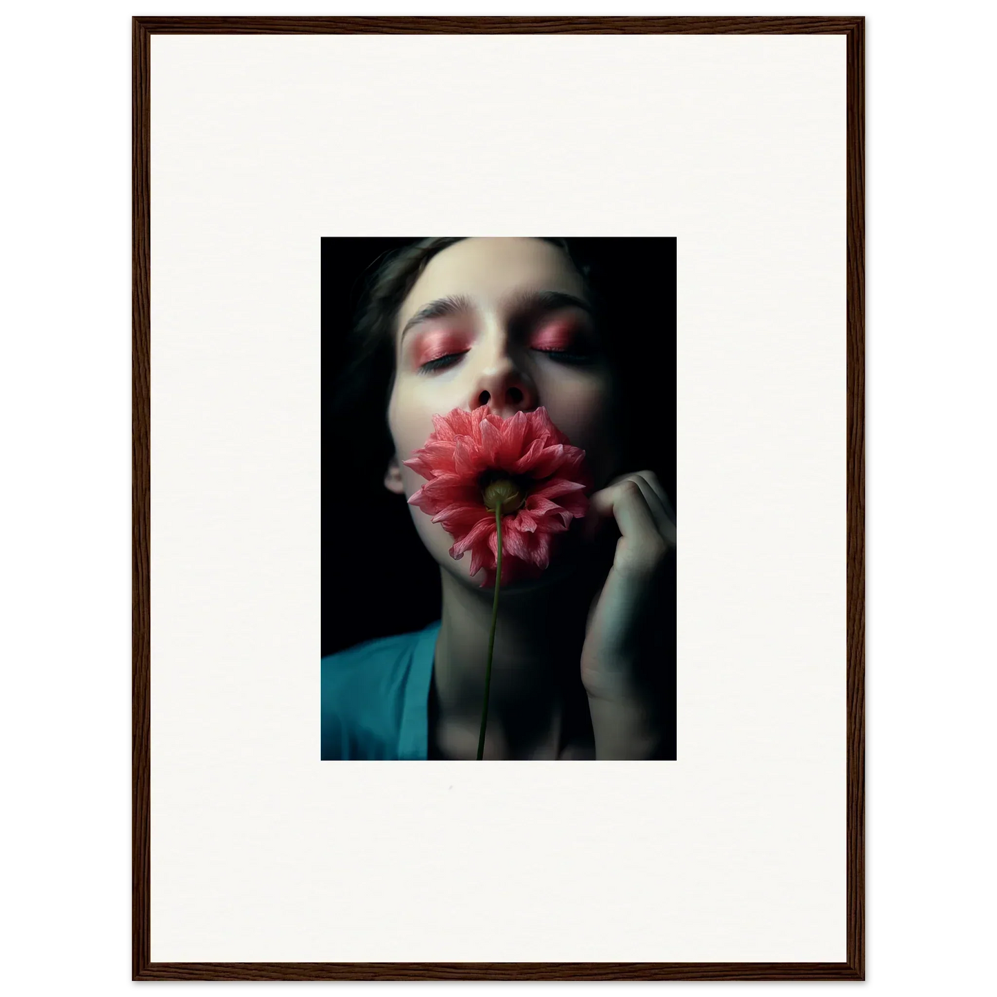 Artistic wall art of a person with a red flower, perfect for room decoration