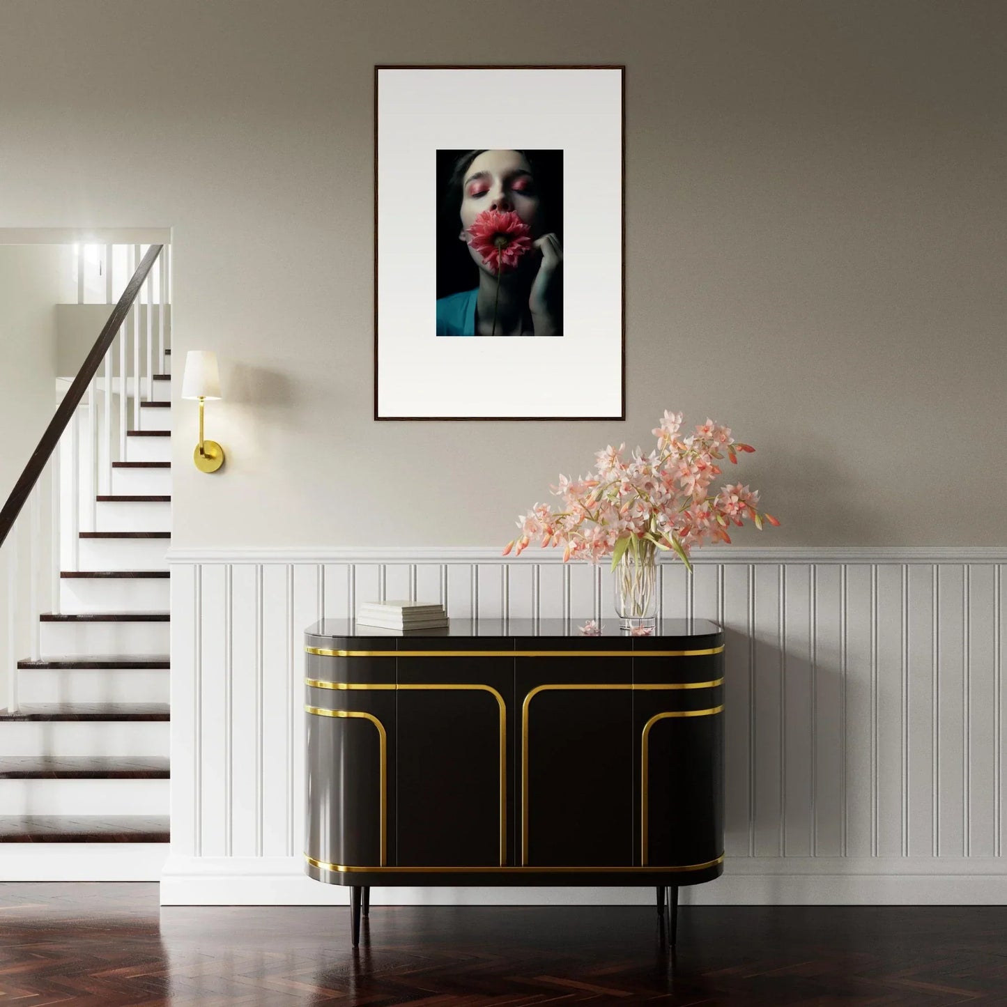 Framed canvas print of a person with a red flower for stylish room decoration