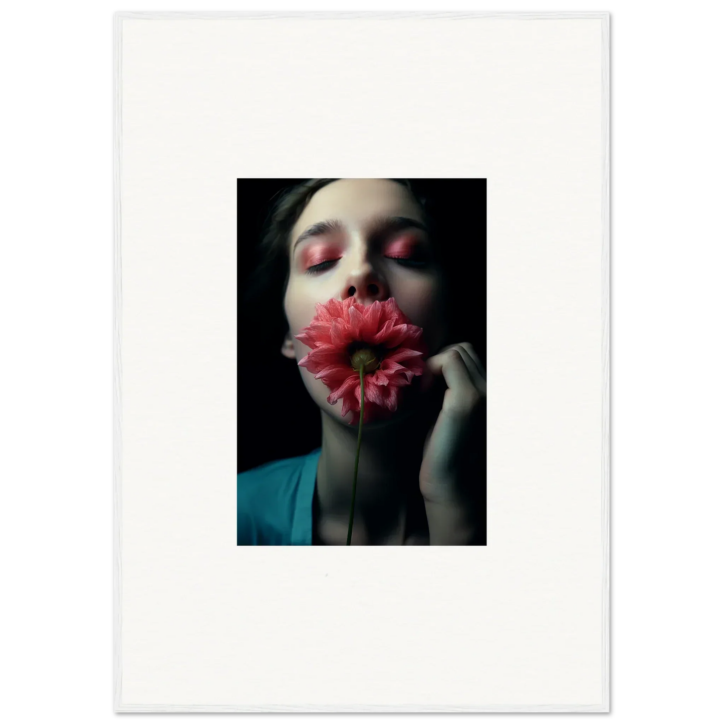Vibrant pink Gerbera Daisy in front of a person’s face, perfect for room decoration wall art