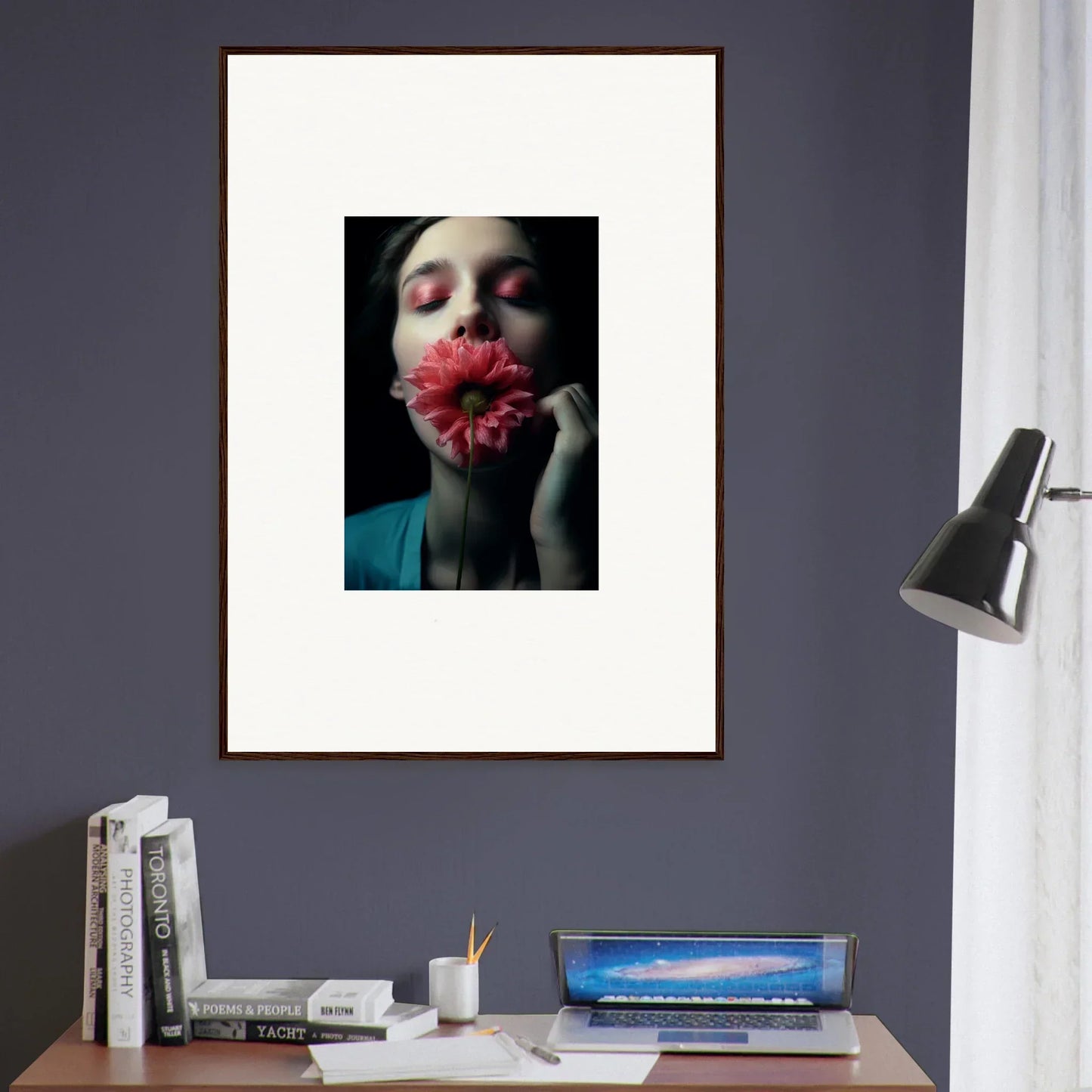 Framed canvas print of a person with a red flower for trendy room decoration wall art