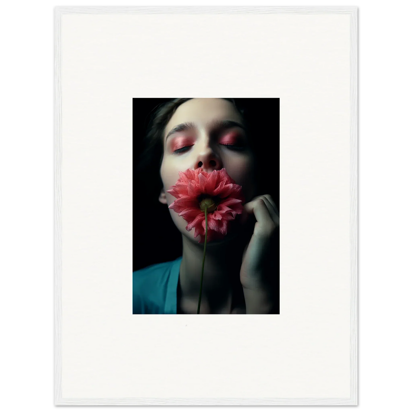 Person holding a pink flower with closed eyes, perfect for vibrant wall art or room decoration