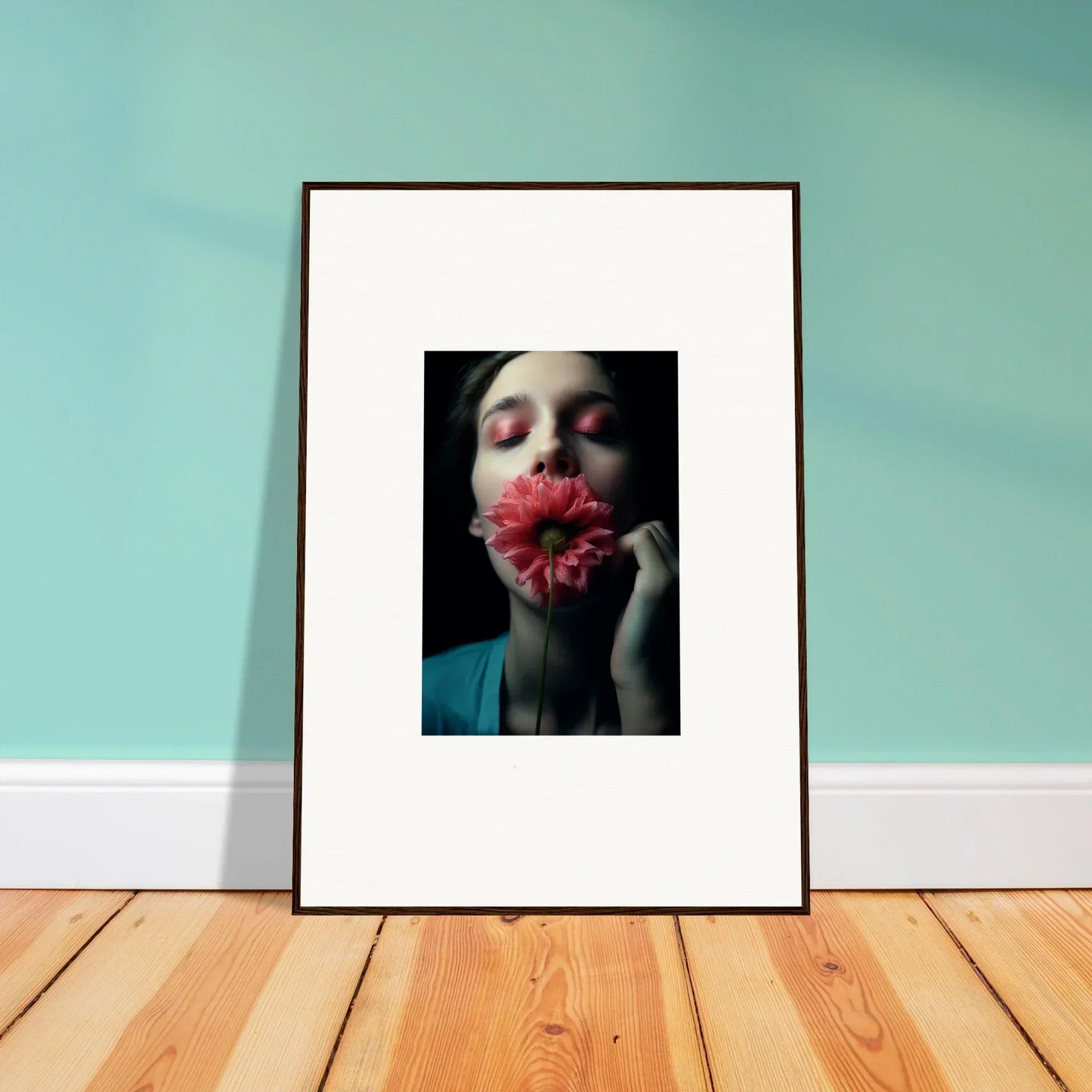 Framed photograph of a person with a red flower, perfect for wall art and room decoration
