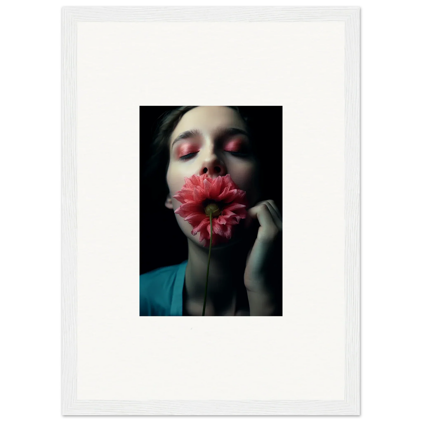 Person with closed eyes holding a pink gerbera daisy for Petal Pulse wall art