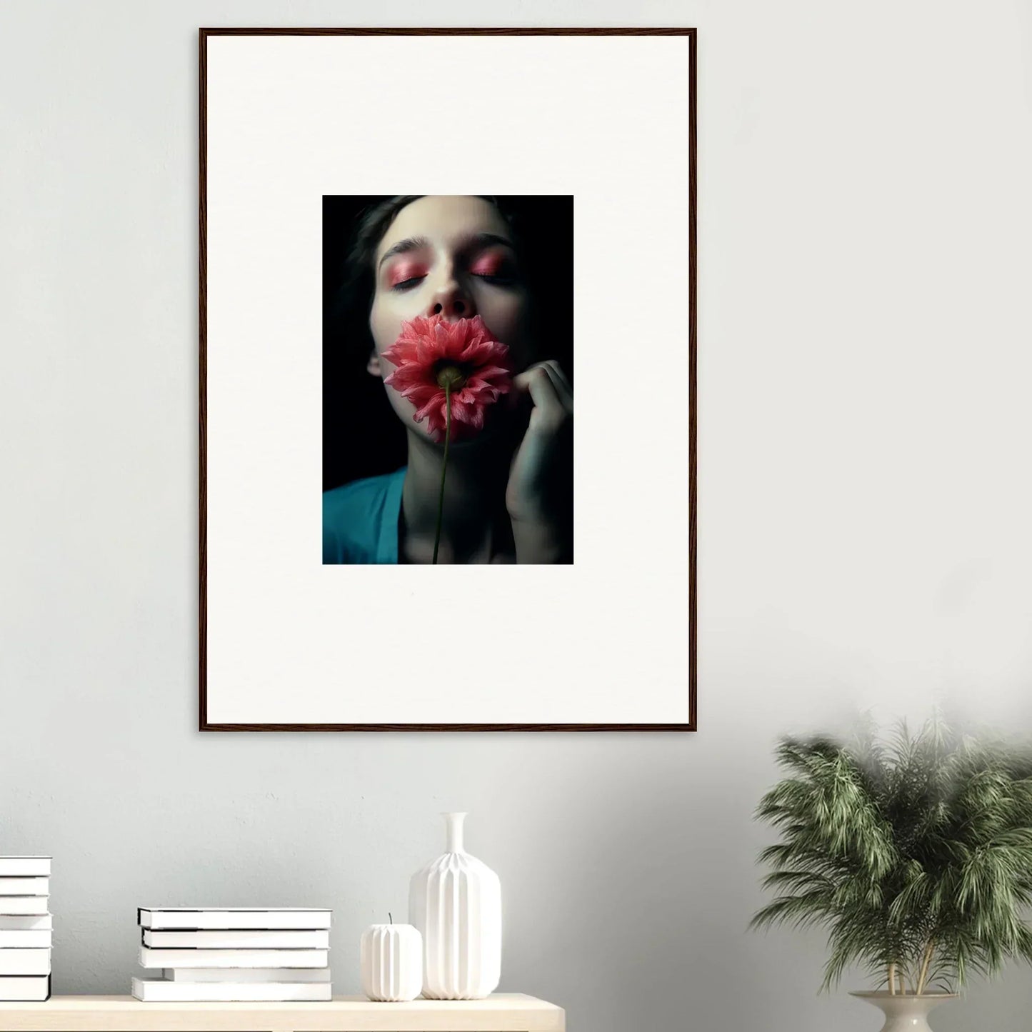 Framed canvas print of a person with a red flower for unique room decoration wall art