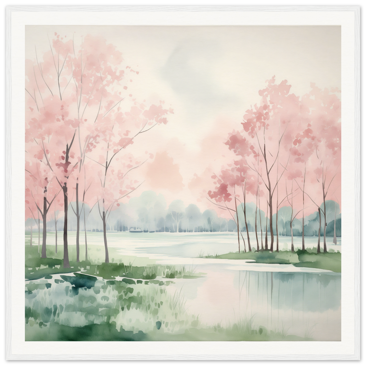 Watercolor painting of cherry blossoms by a lake featured in Petal Resolve Bliss