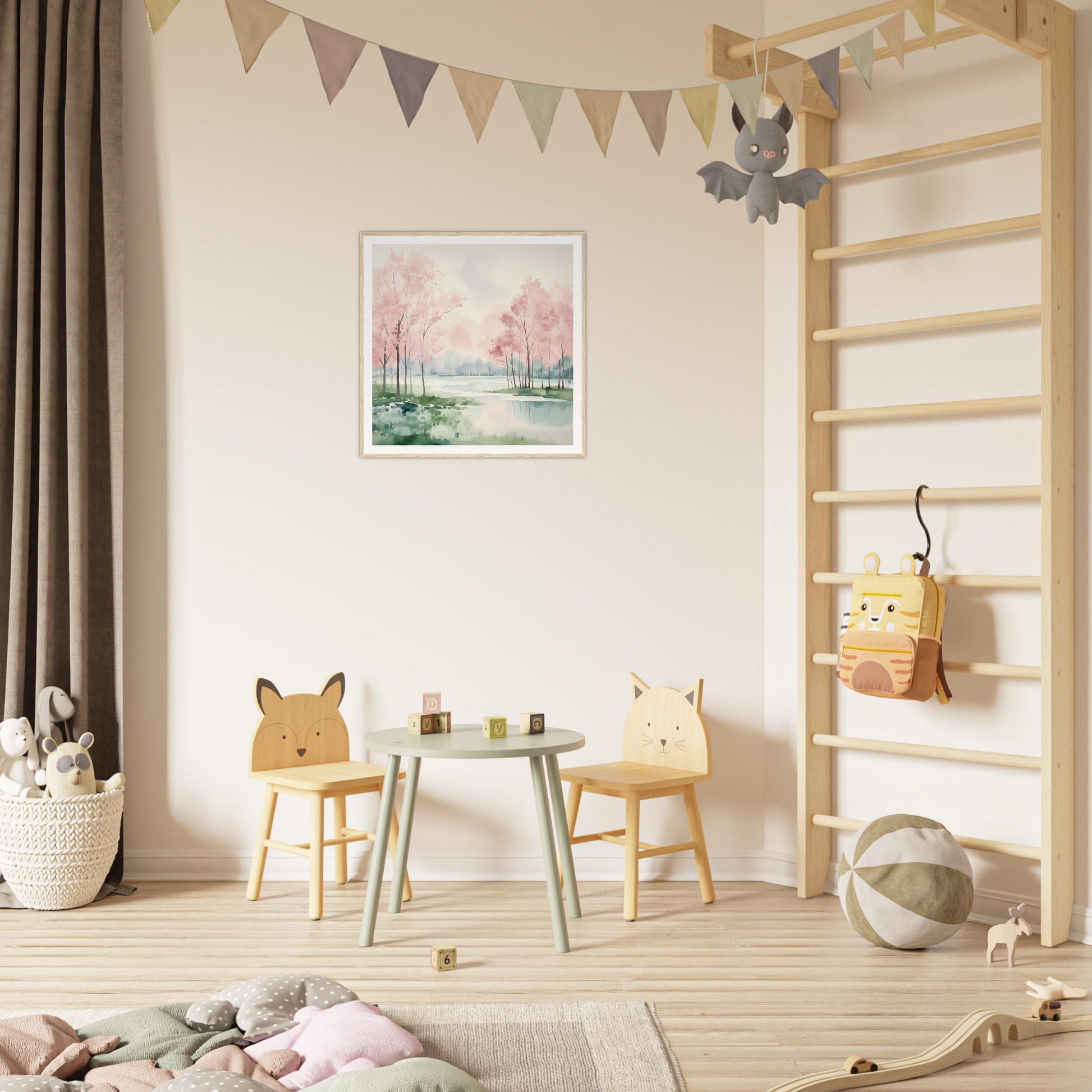 Children’s play area featuring animal-themed chairs and table from Petal Resolve Bliss