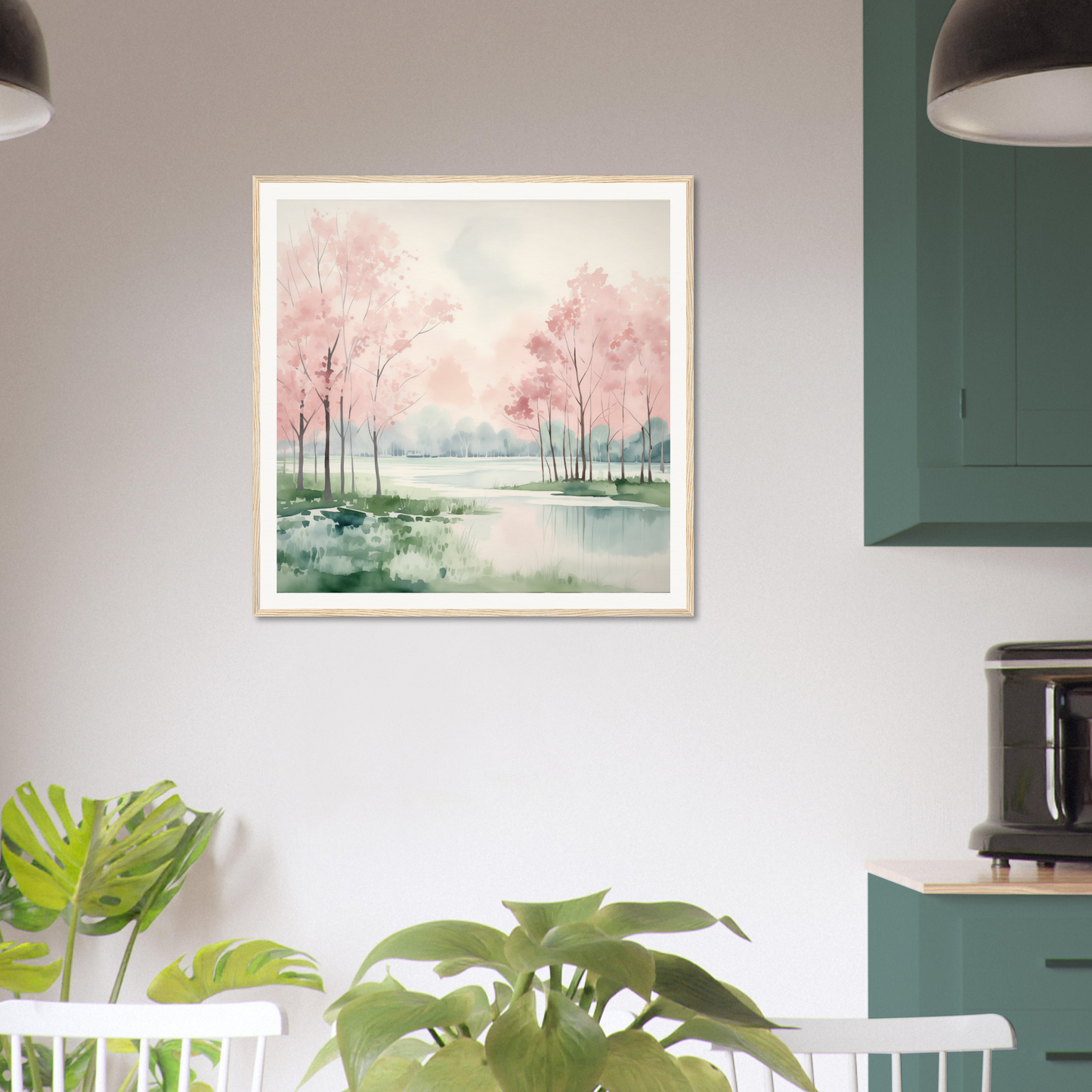 Framed watercolor painting of a misty landscape in Petal Resolve Bliss theme