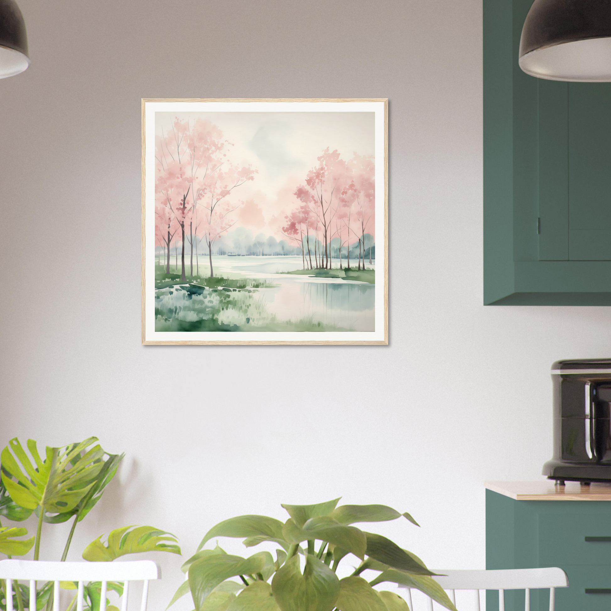 Framed watercolor painting of a misty landscape in Petal Resolve Bliss theme