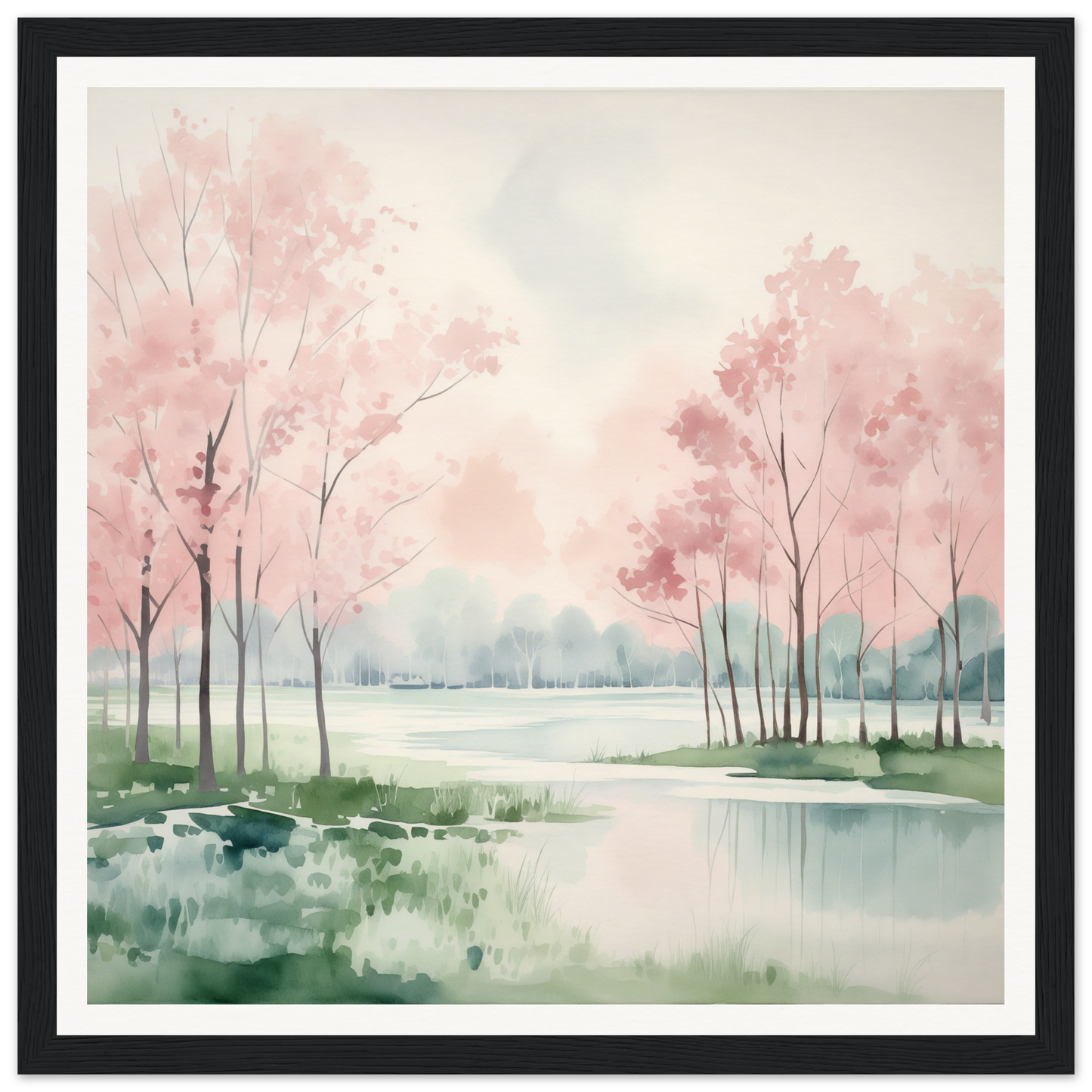 Watercolor painting of cherry blossoms reflected in a lake, embodying Petal Resolve Bliss