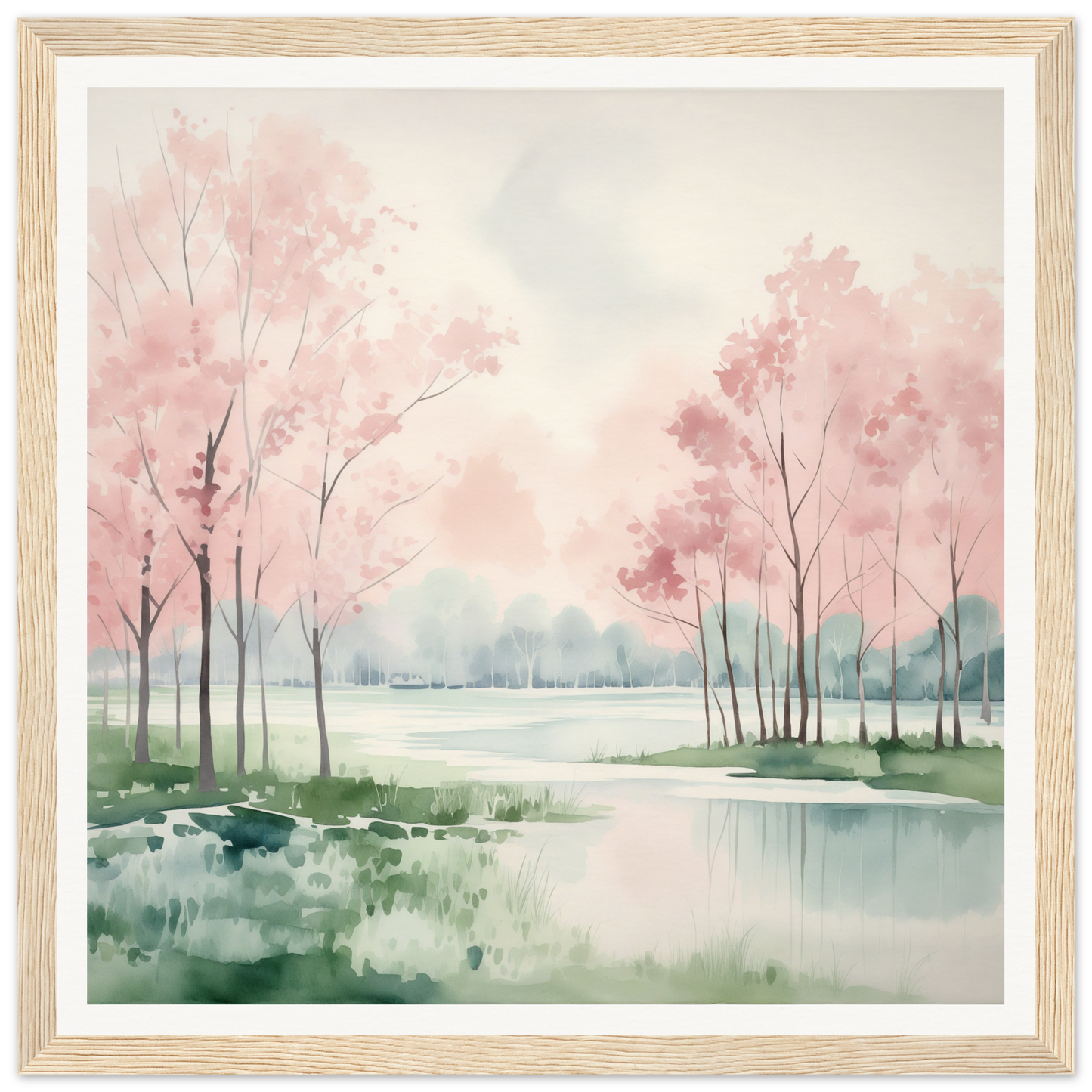 Watercolor painting of pink cherry blossoms by a lake from Petal Resolve Bliss