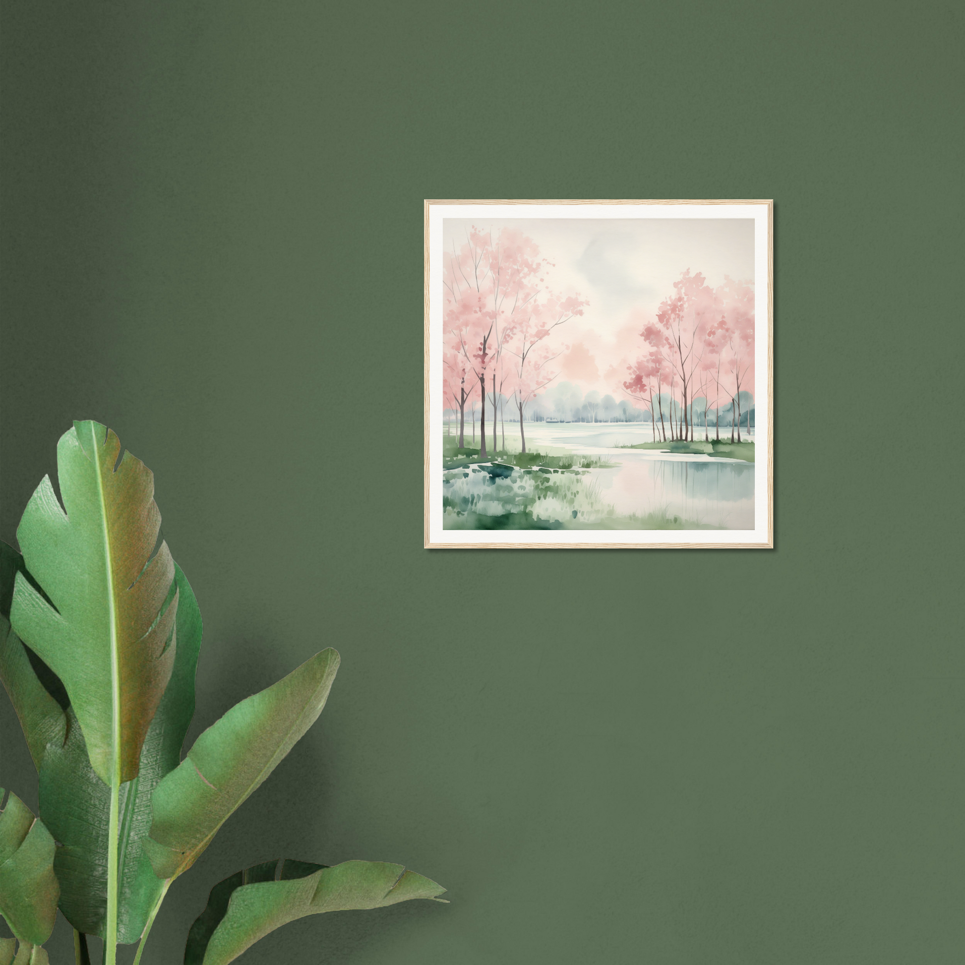 Framed watercolor of a misty landscape with pink trees for Petal Resolve Bliss
