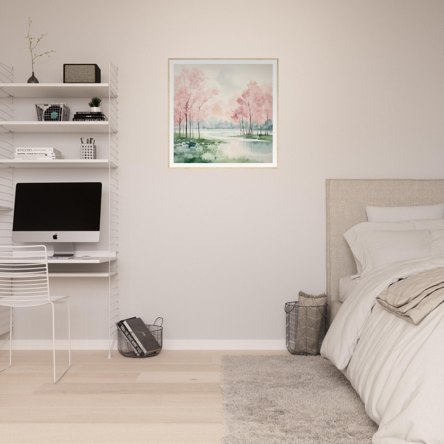 Minimalist bedroom featuring floating shelves, iMac workstation, and Petal Resolve Bliss art