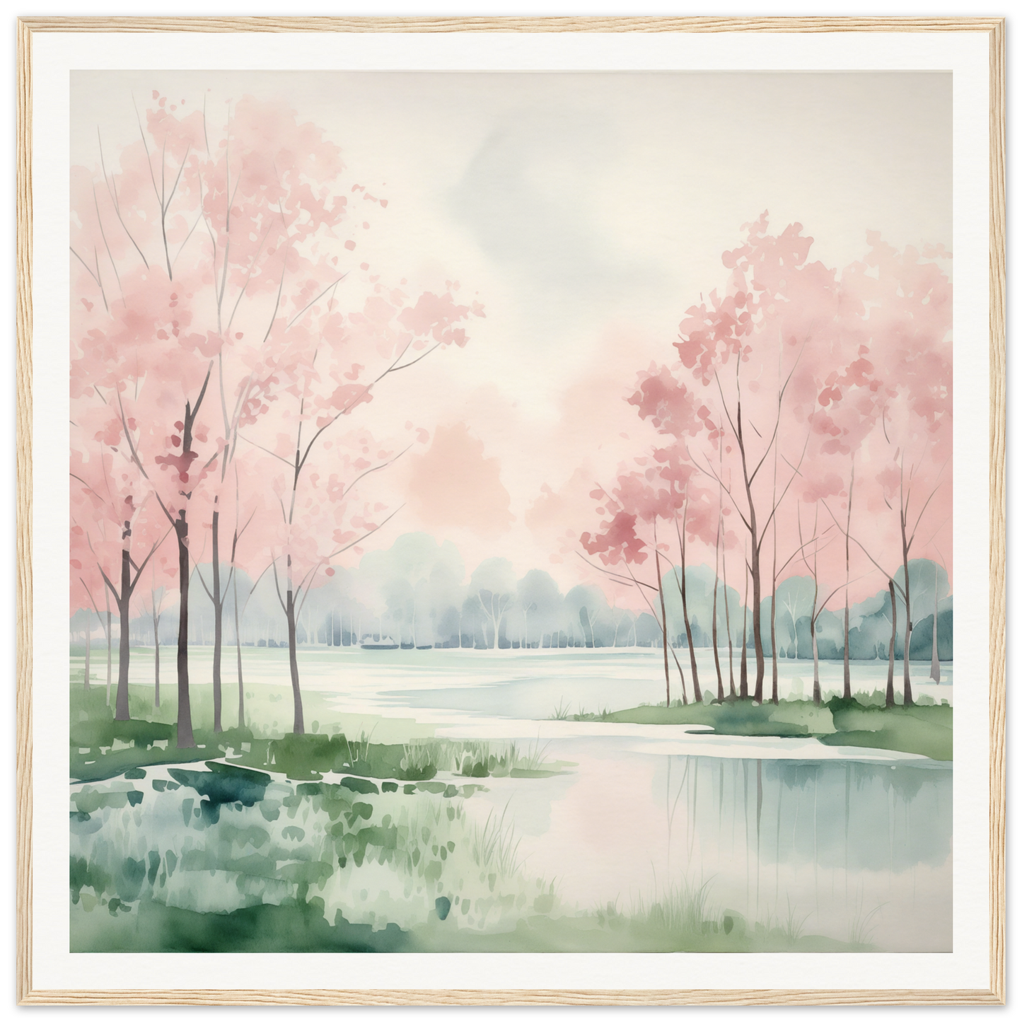 Watercolor painting of pink cherry blossom trees by a lake in Petal Resolve Bliss