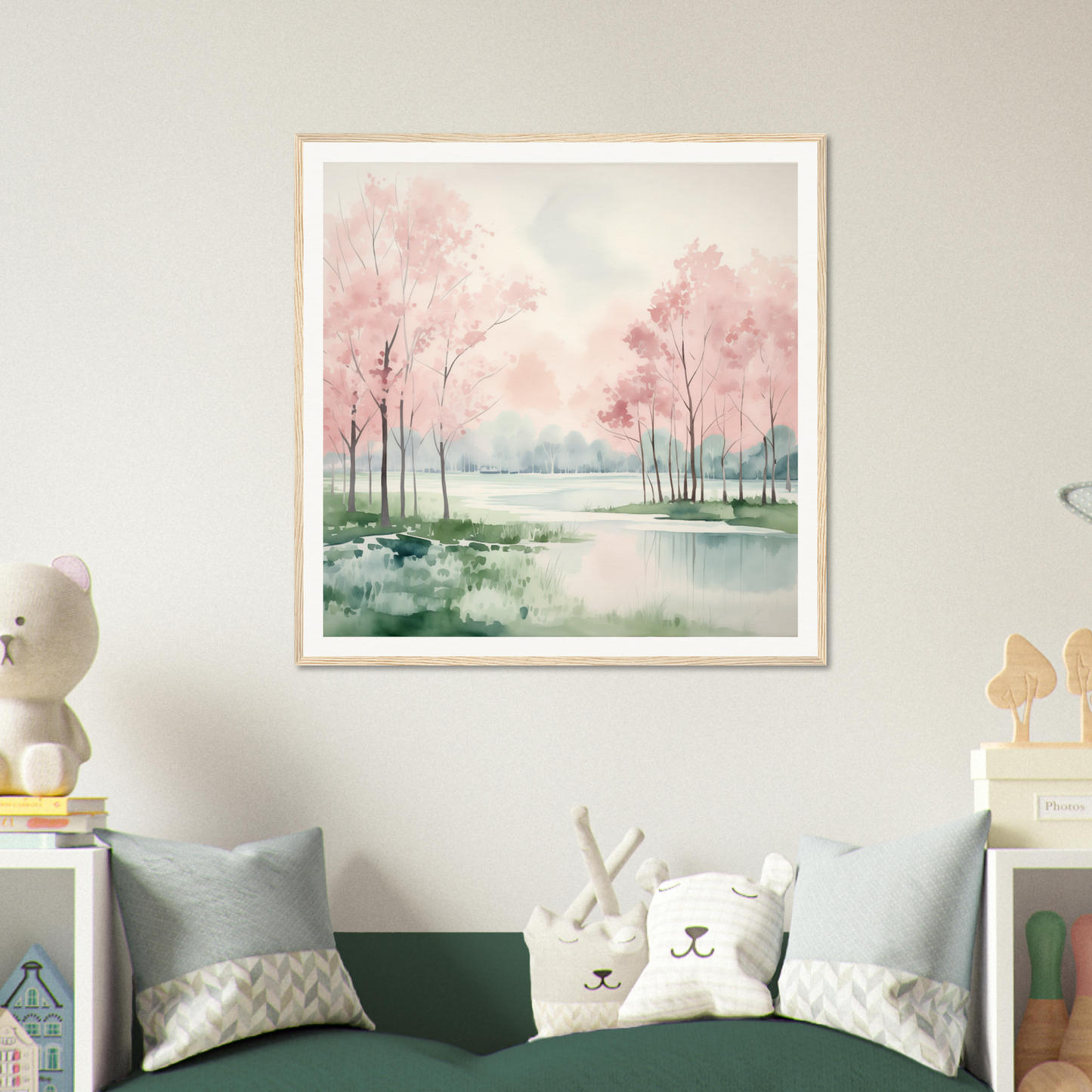 Framed watercolor painting of a misty landscape, infused with Petal Resolve Bliss colors