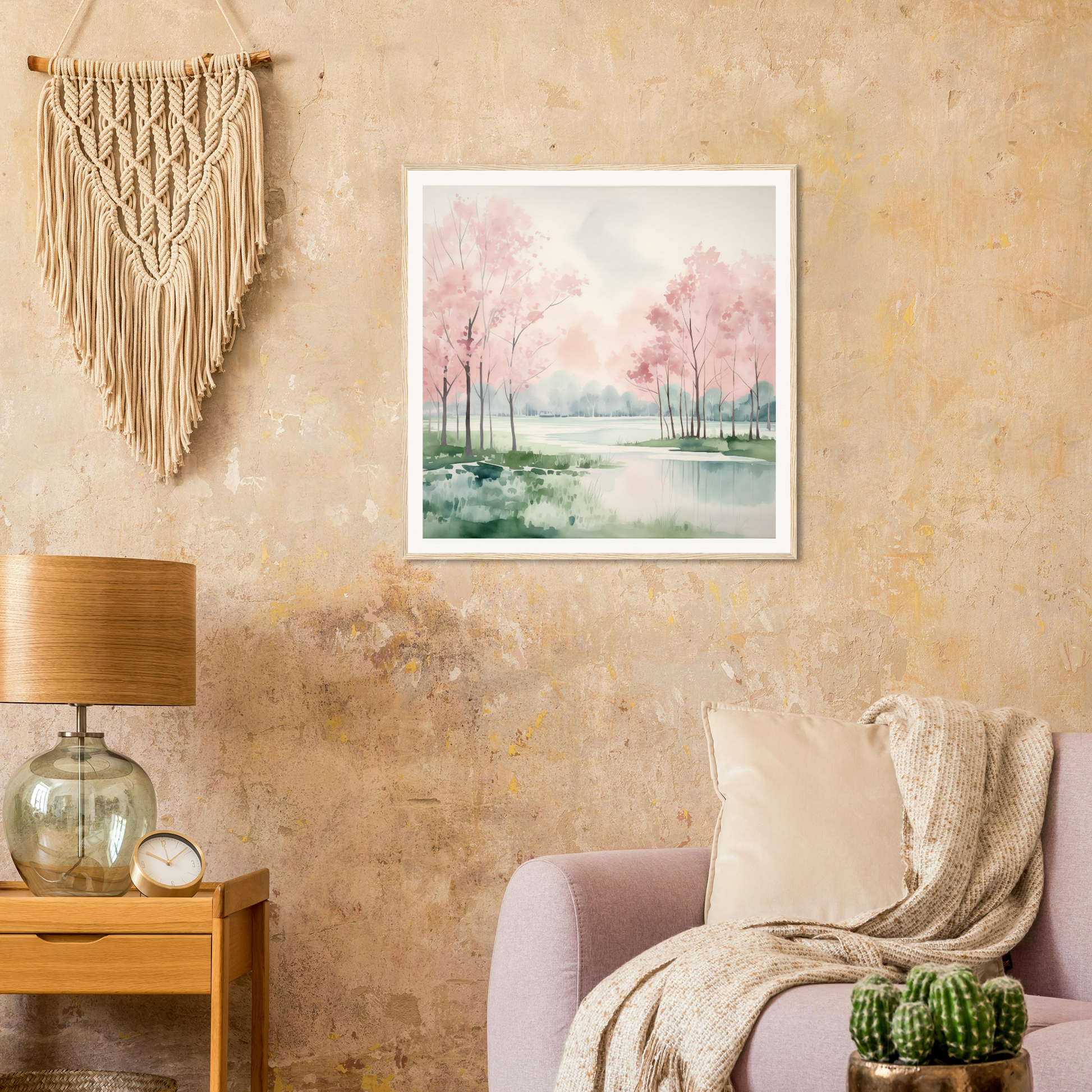 Framed watercolor painting of pink trees by a misty lake in Petal Resolve Bliss