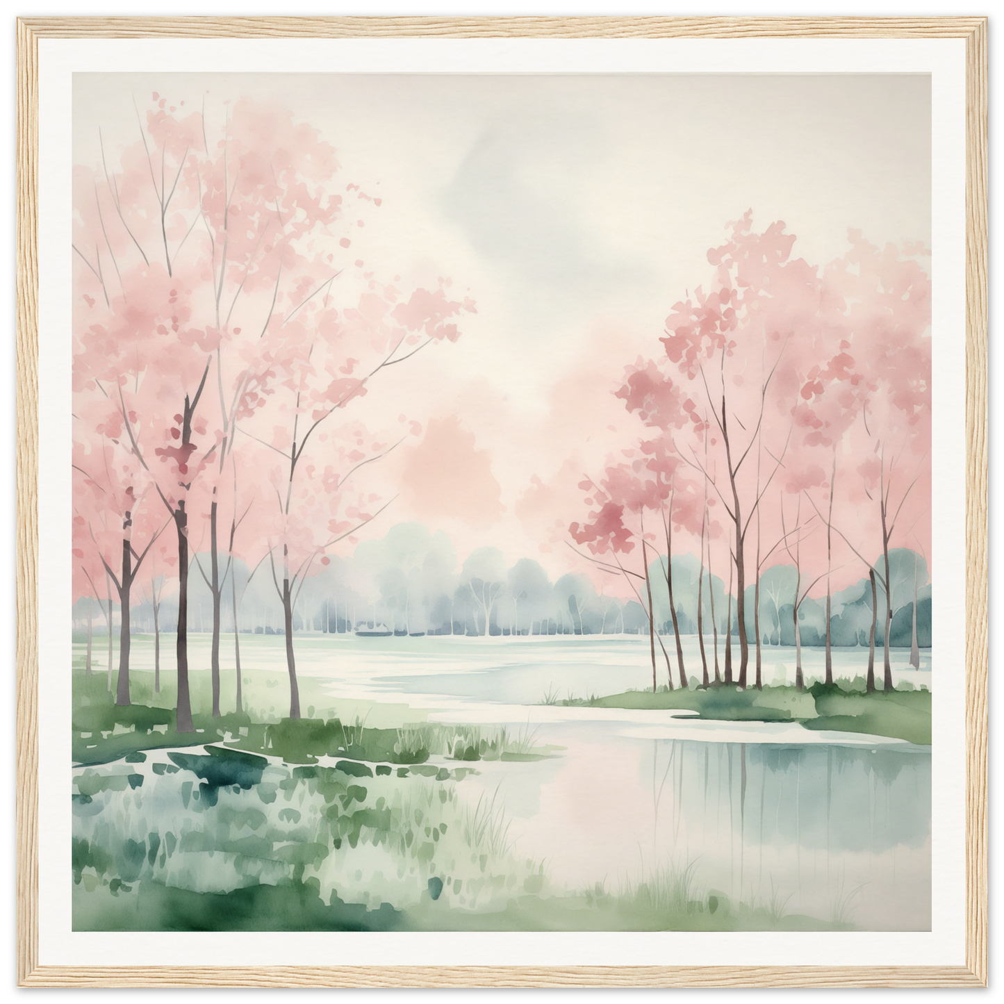 Watercolor painting of pink cherry blossoms by a lake in Petal Resolve Bliss