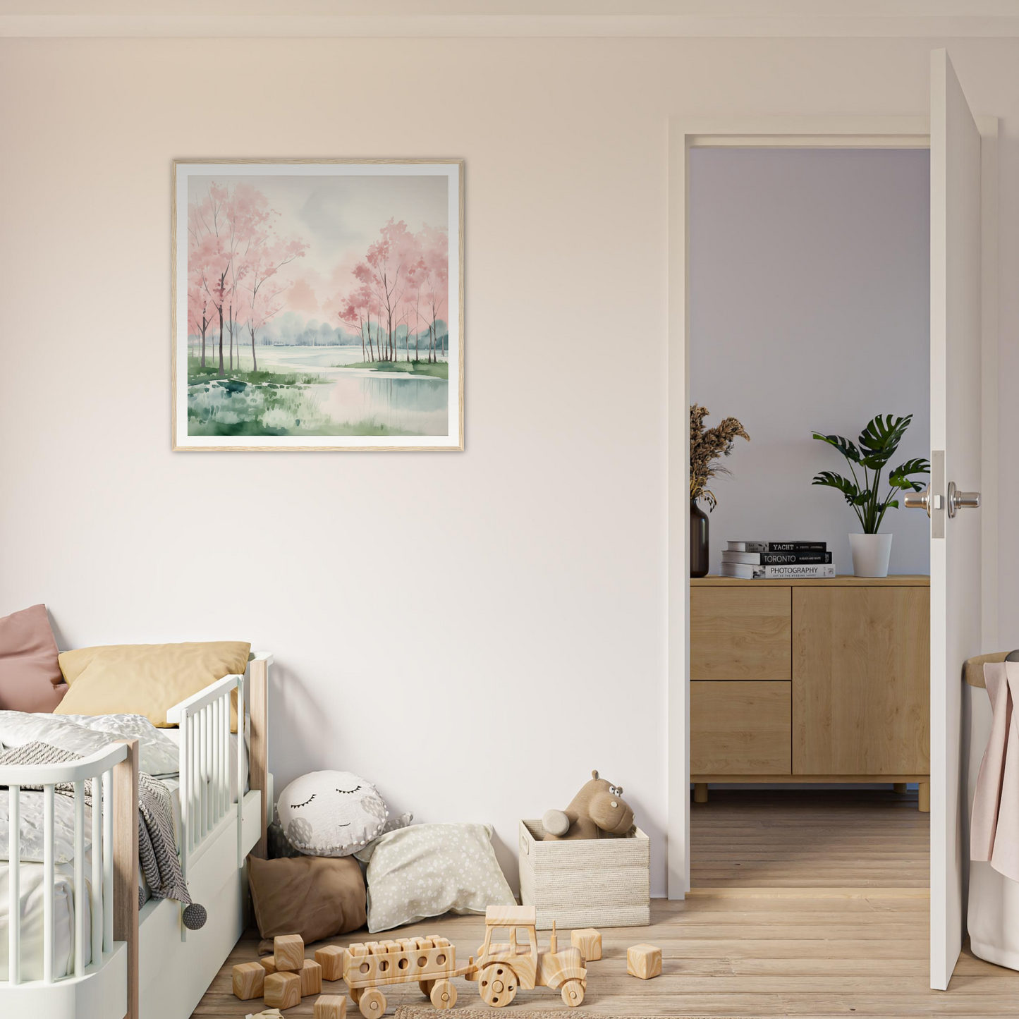 Framed watercolor painting of pink cherry blossoms near a pond, Petal Resolve Bliss