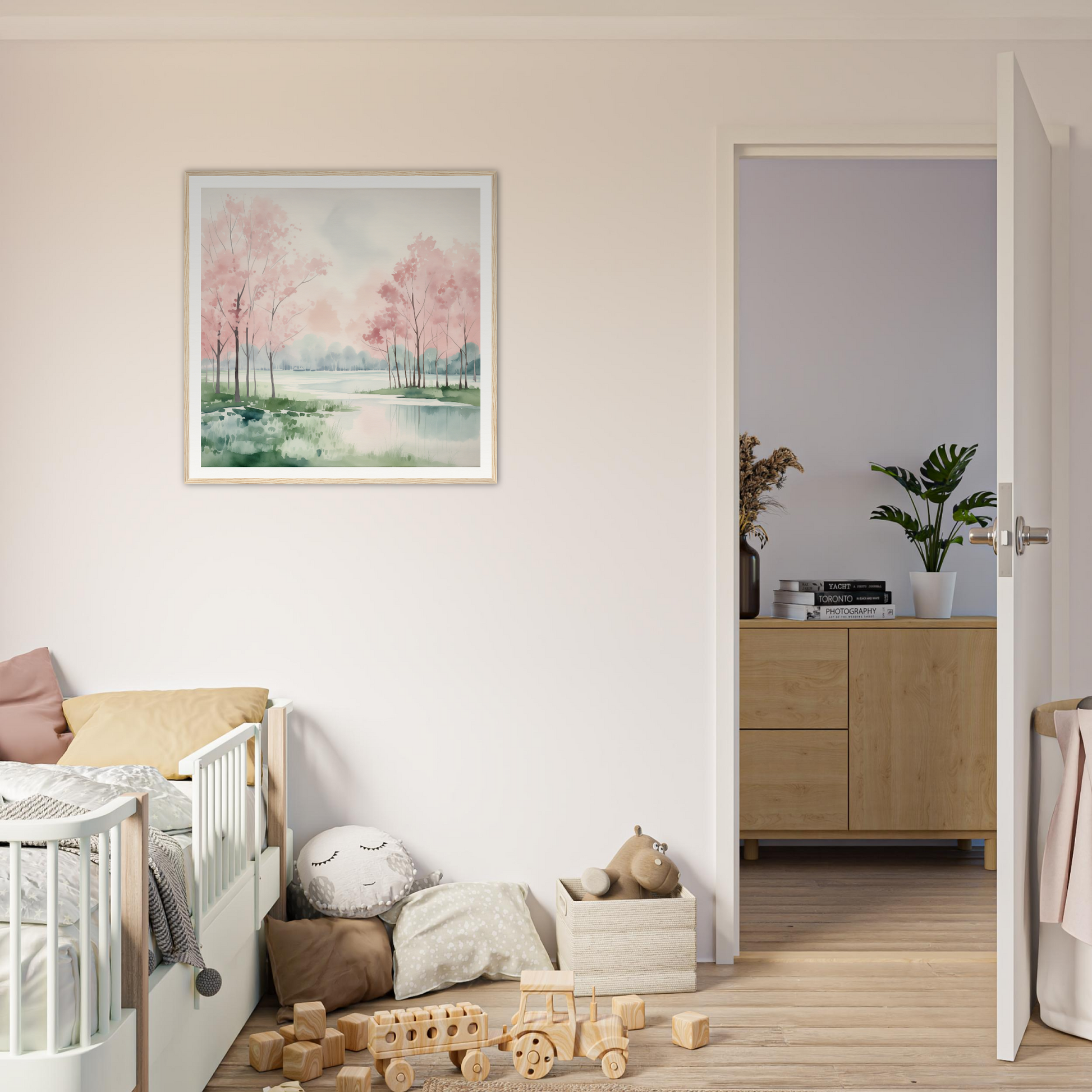 Framed watercolor painting of pink cherry blossoms near a pond, Petal Resolve Bliss