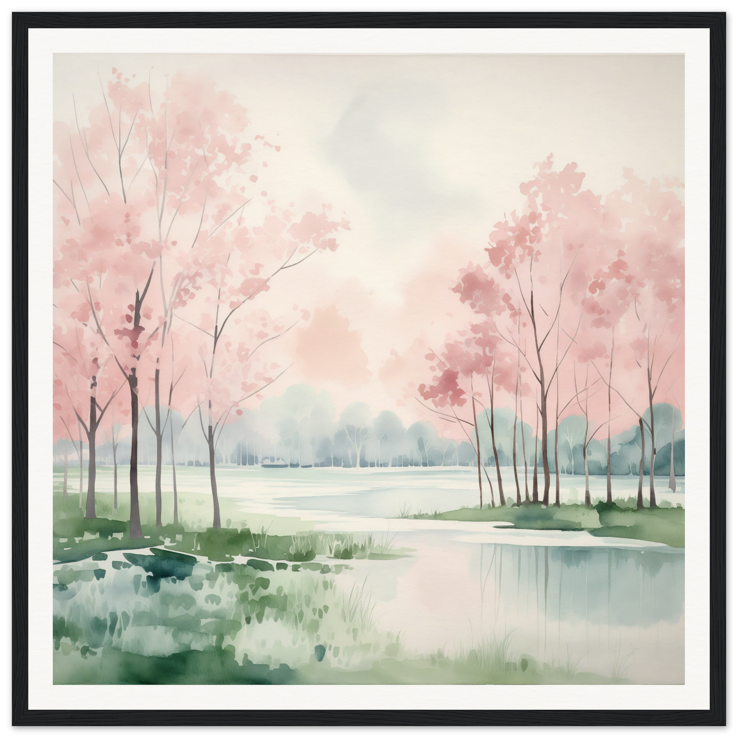 Watercolor painting of cherry blossoms reflecting in lake, evoking Petal Resolve Bliss