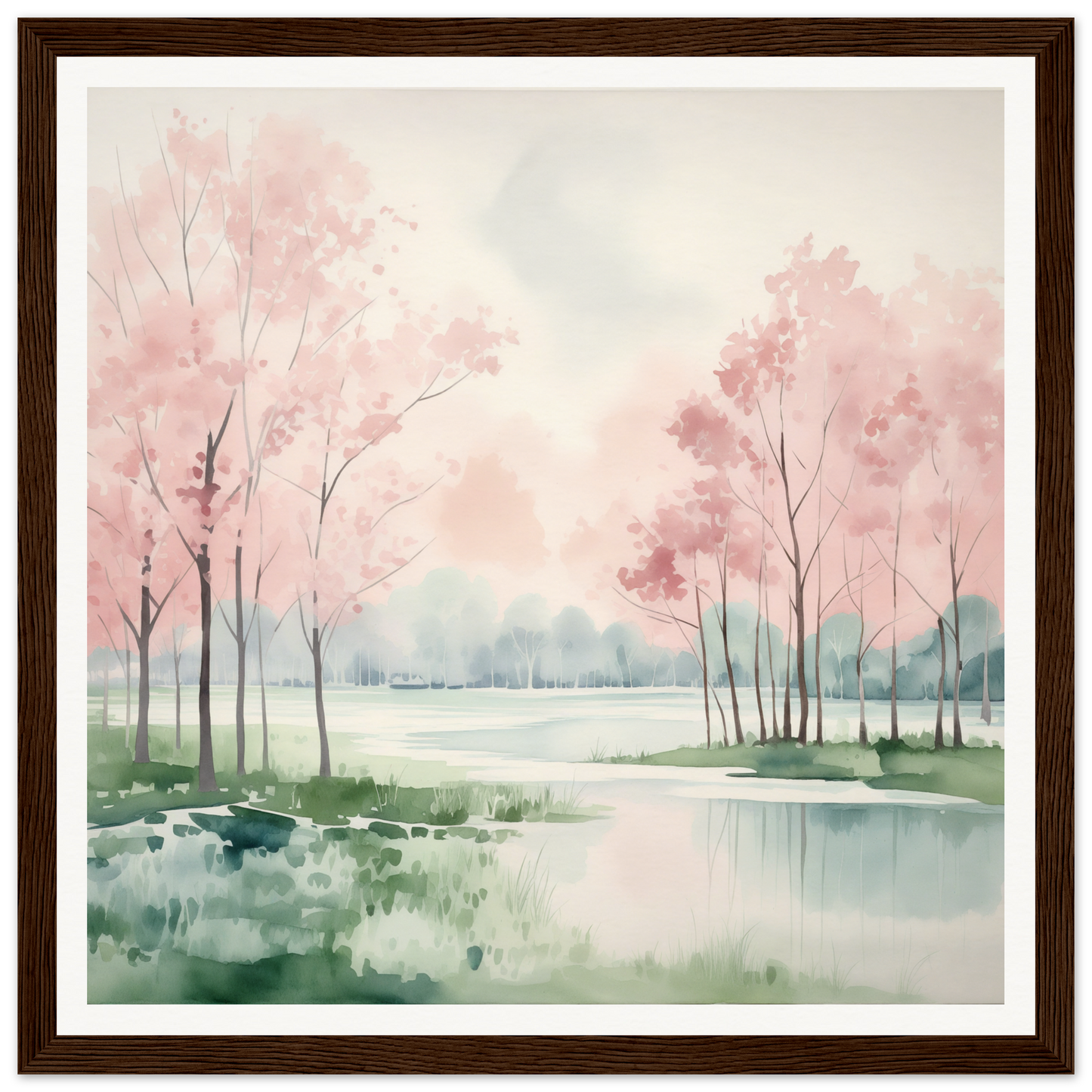 Watercolor painting of a serene lake bordered by cherry blossoms for Petal Resolve Bliss