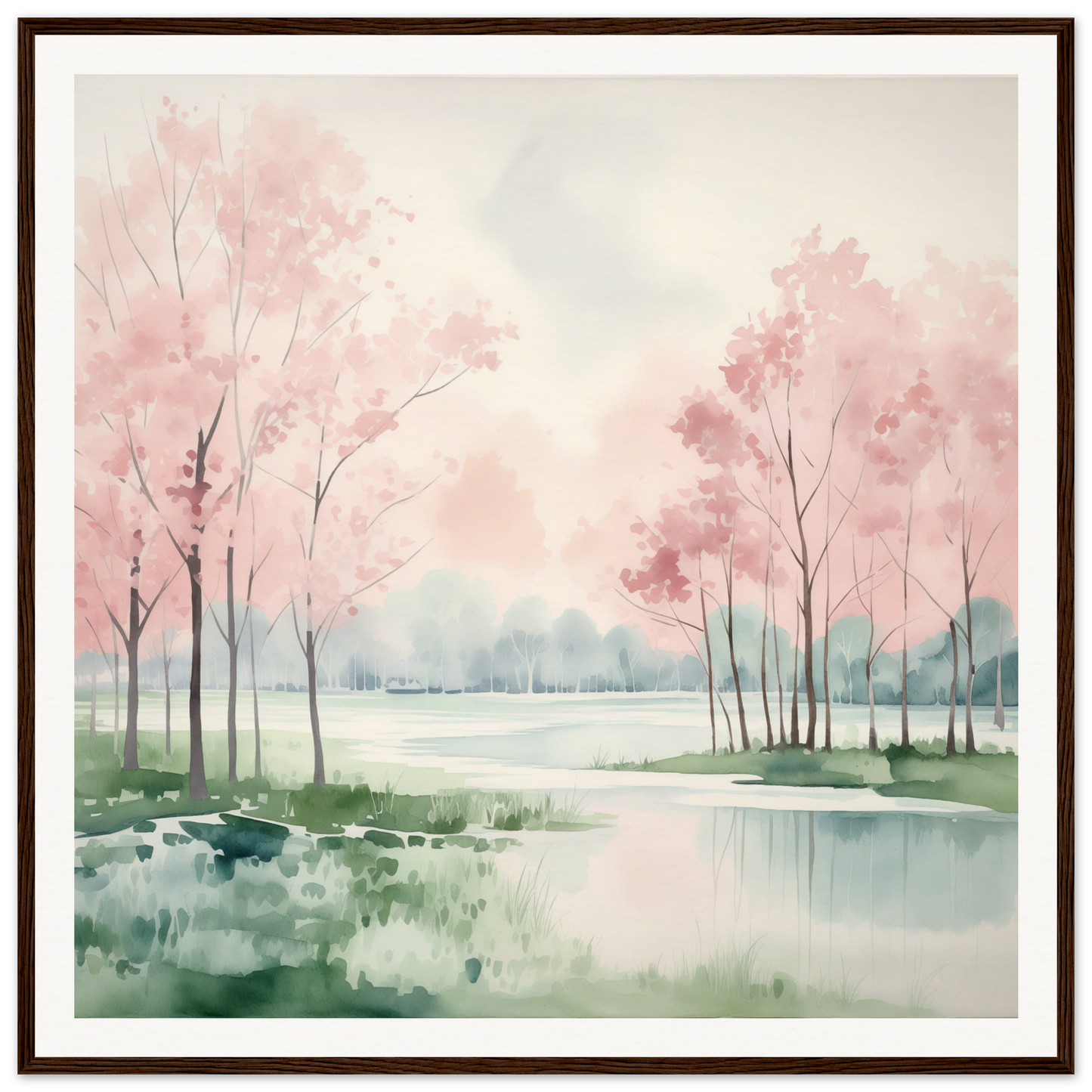 Watercolor painting of pink cherry blossoms reflecting in a serene lake, Petal Resolve Bliss