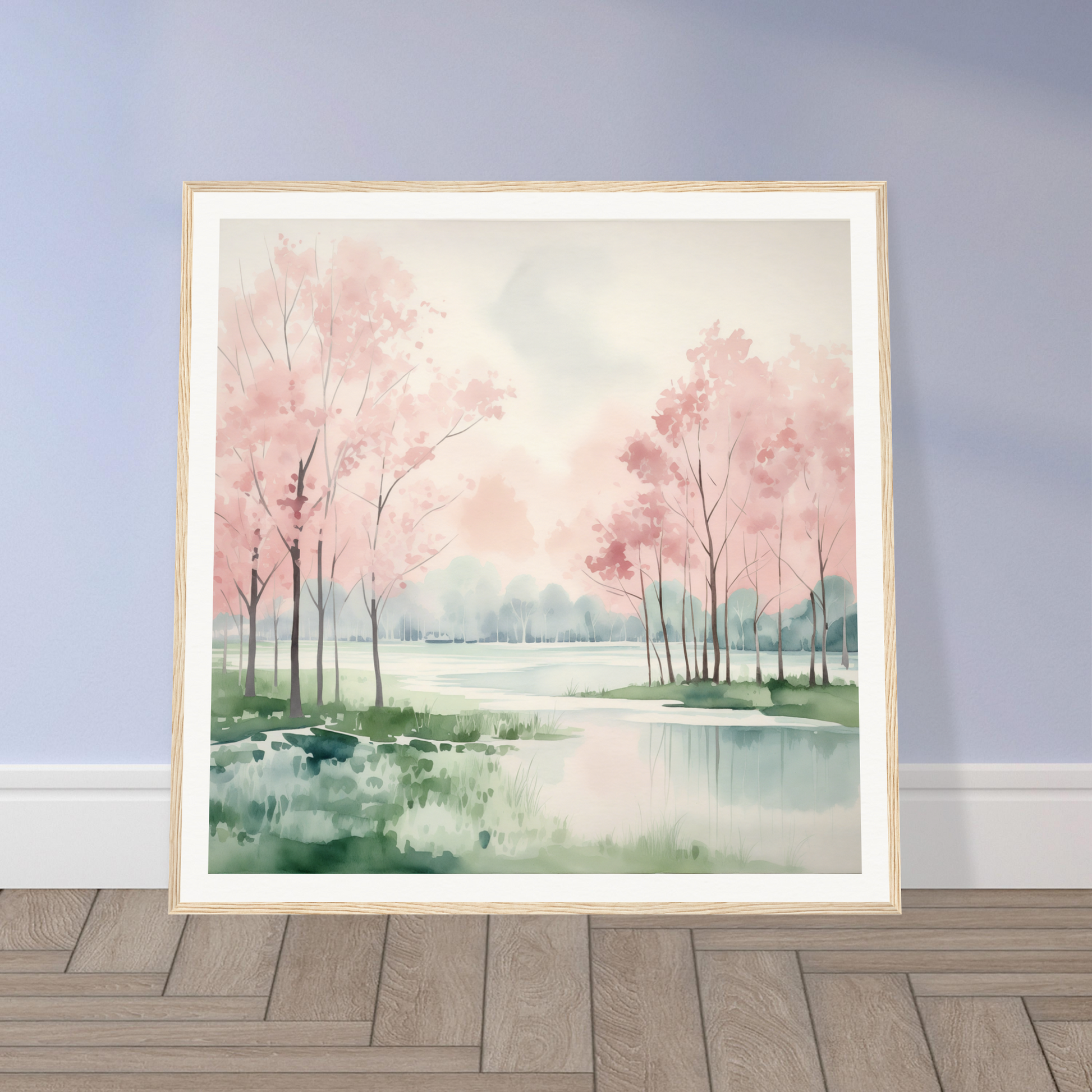 Framed watercolor painting of a misty landscape in Petal Resolve Bliss