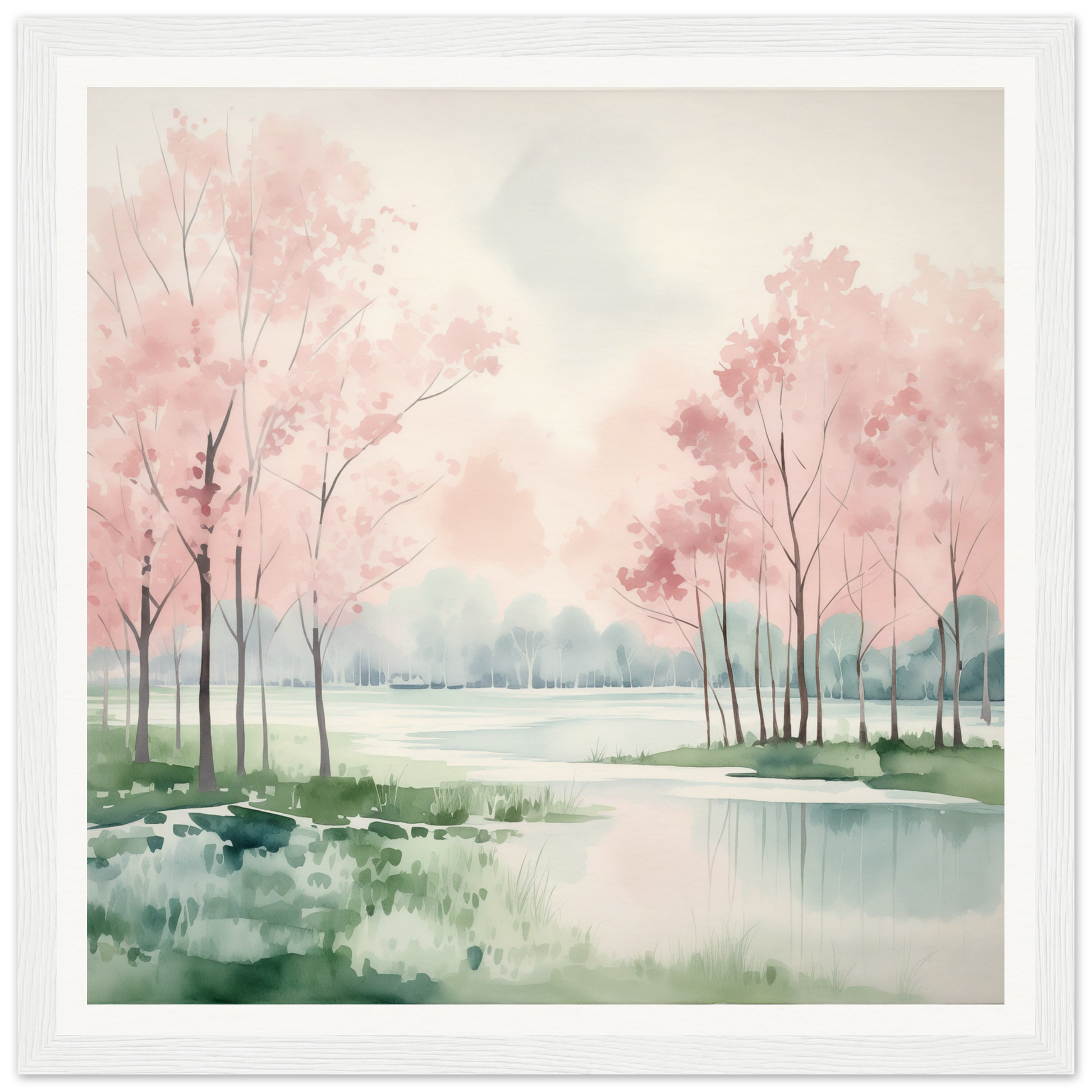 Watercolor painting of pink cherry blossom trees near a lake for Petal Resolve Bliss