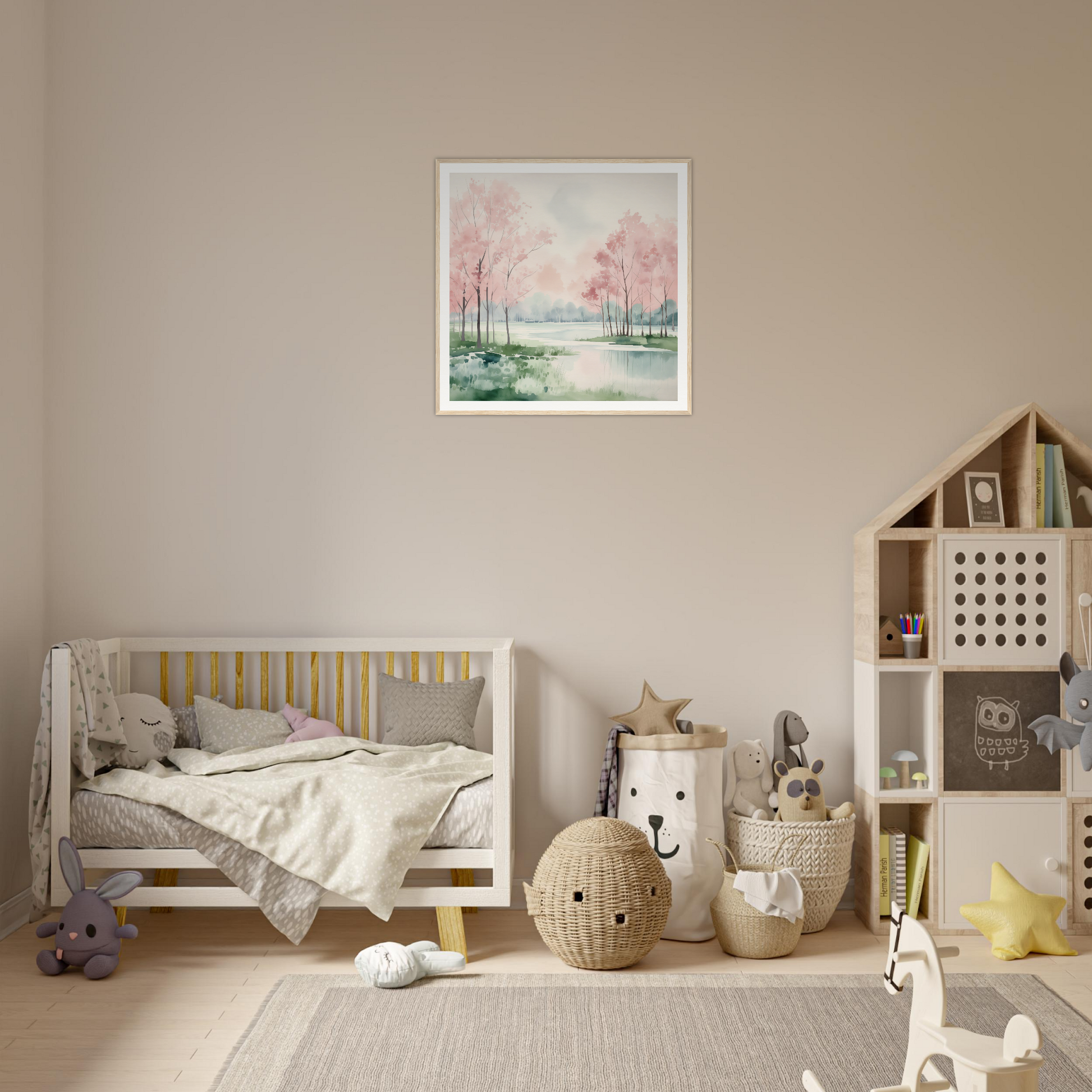 Wooden crib with gray bedding and yellow railings from Petal Resolve Bliss collection