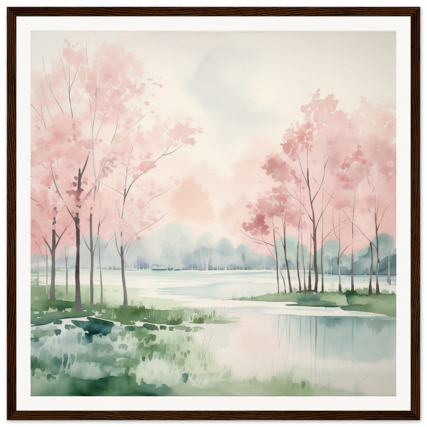Watercolor painting of pink cherry blossoms and lake in Petal Resolve Bliss art