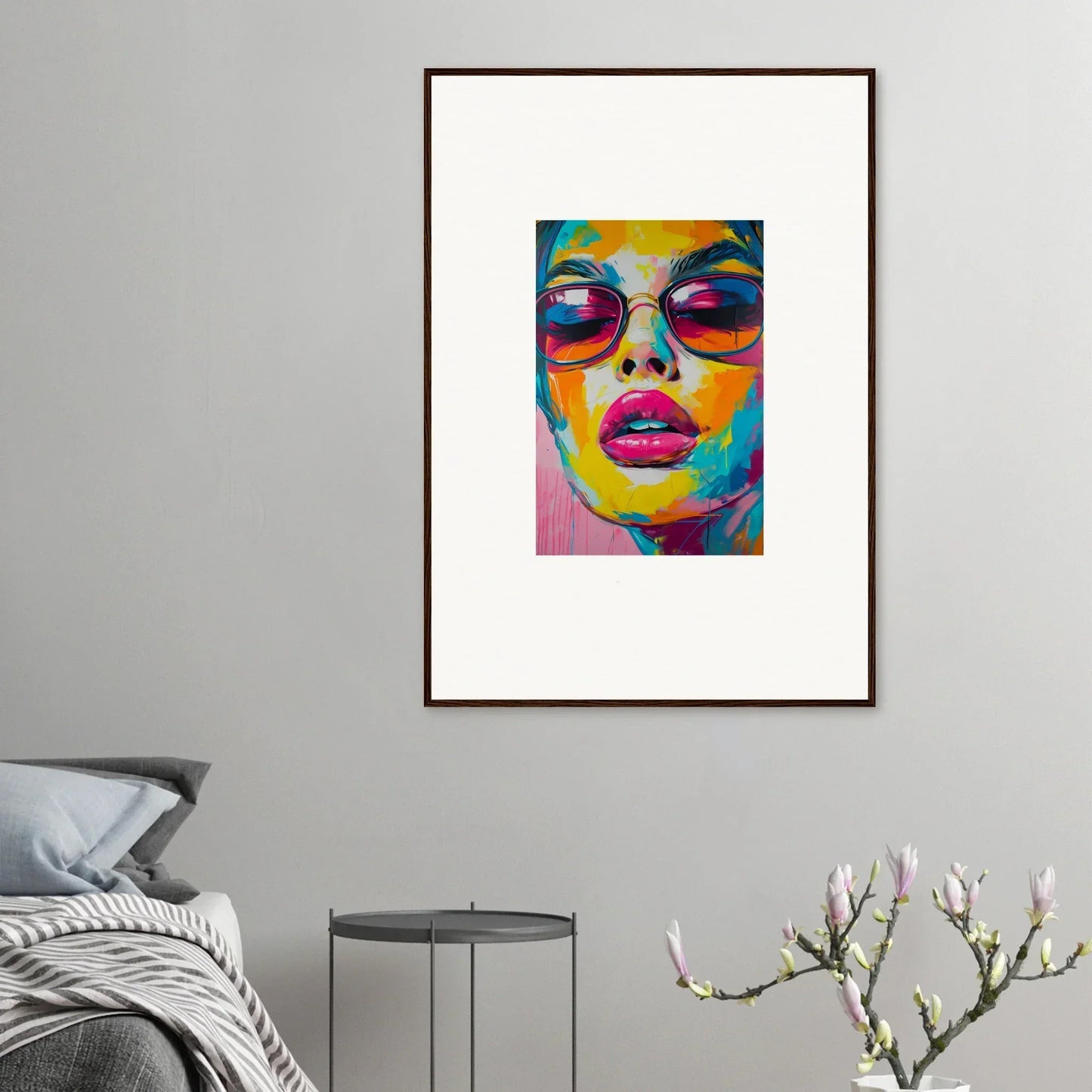 Colorful abstract portrait painting in vibrant hues for room decor, framed wall art