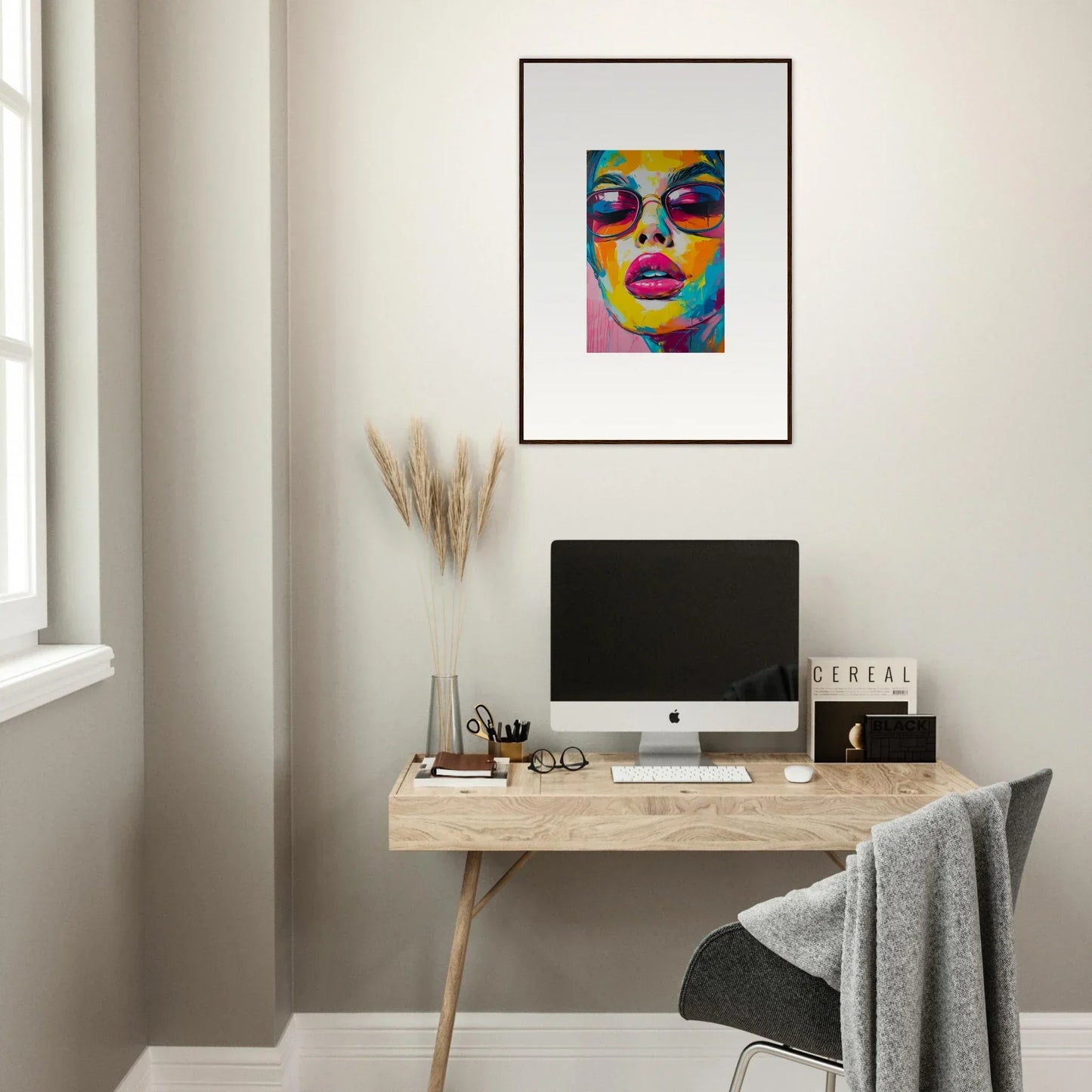 Colorful abstract portrait painting in a frame for room decor, Spectra Parade series