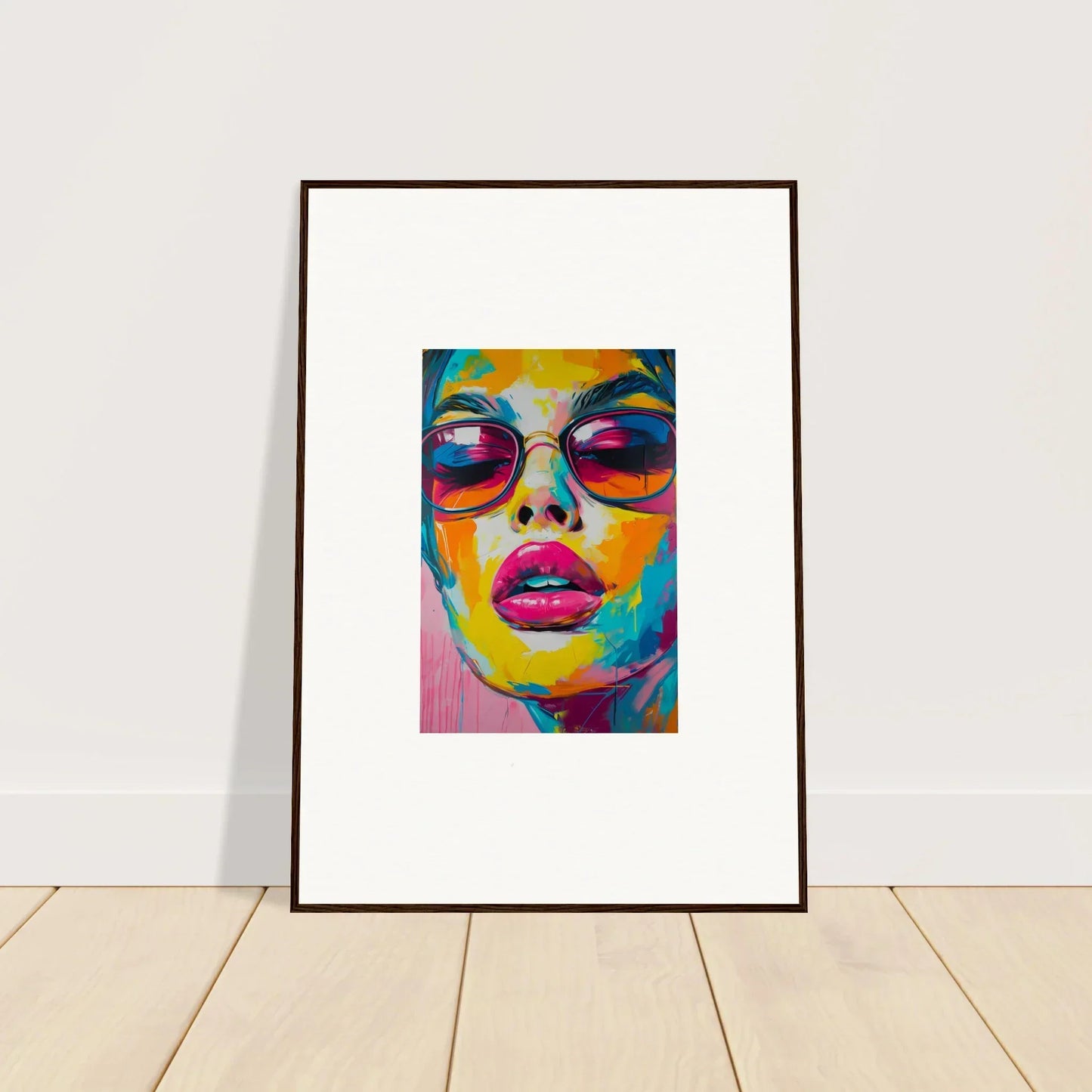 Framed wall art of vibrant face portrait from Petal Spectra Parade for stylish room decor