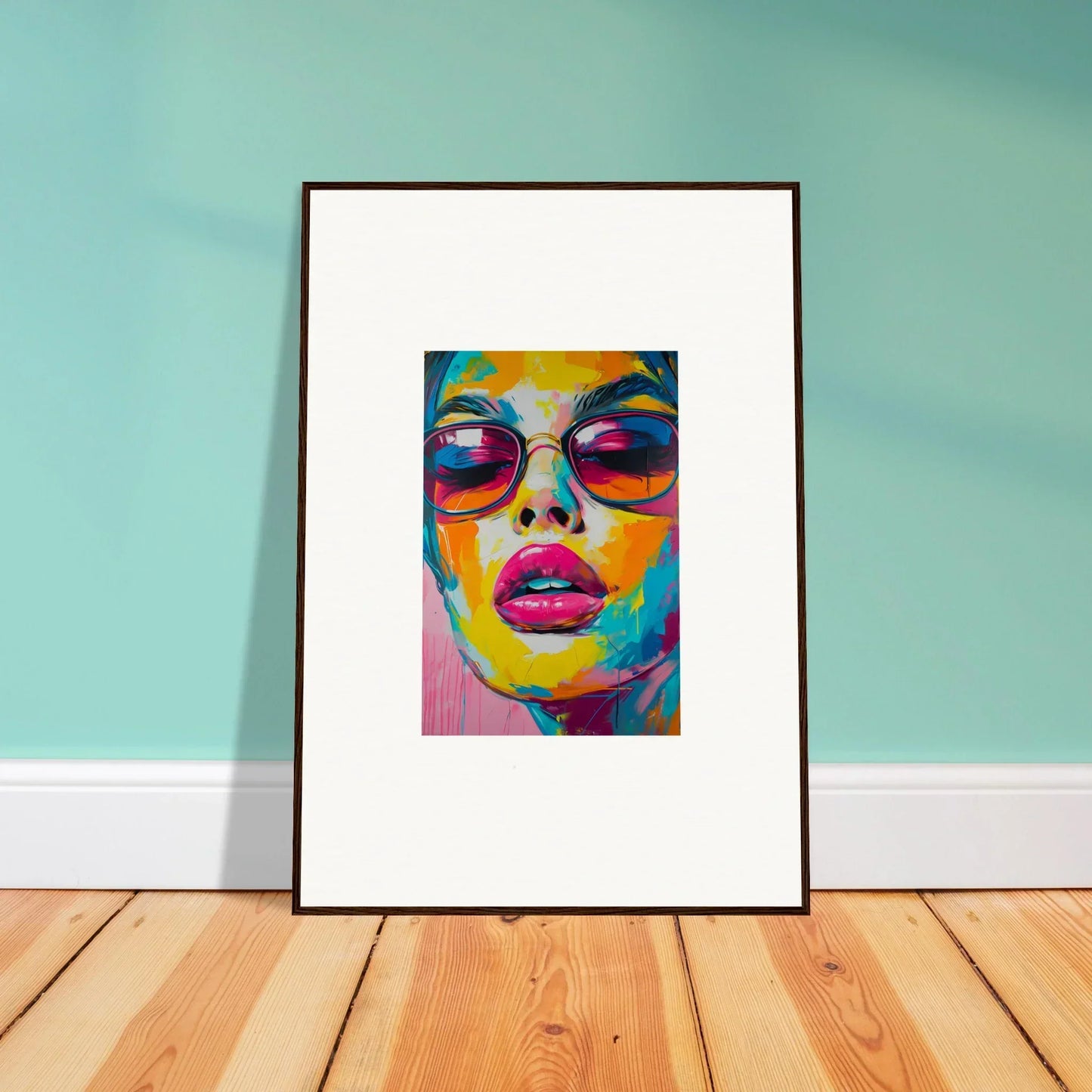 Framed wall art of a vibrant face in the Petal Spectra Parade for room decor