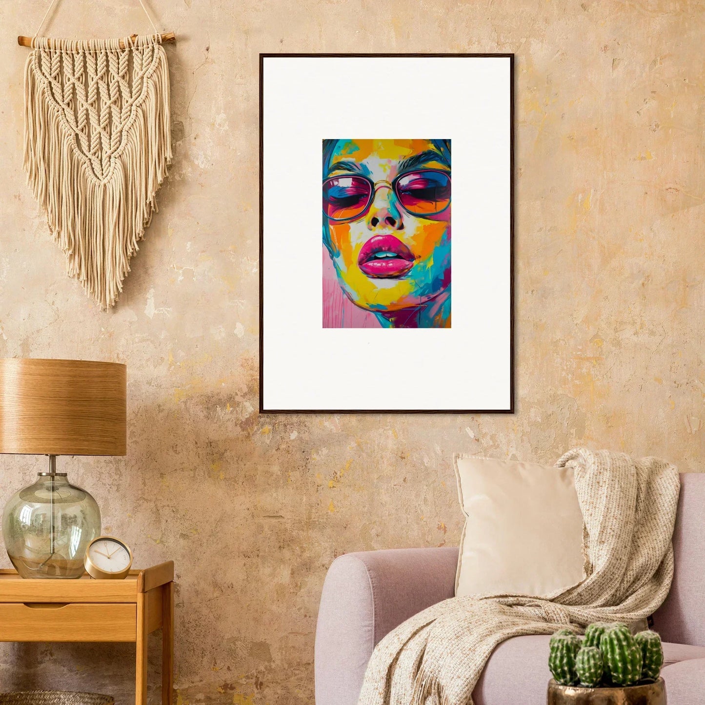 Colorful pop art portrait with vibrant lips and sunglasses for Spectra Parade room decor