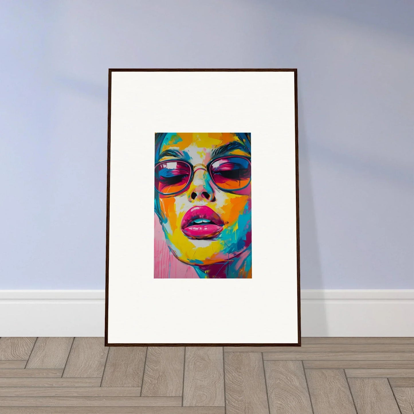 Framed wall art of a colorful pop art face for vibrant Room Decor in Spectra Parade