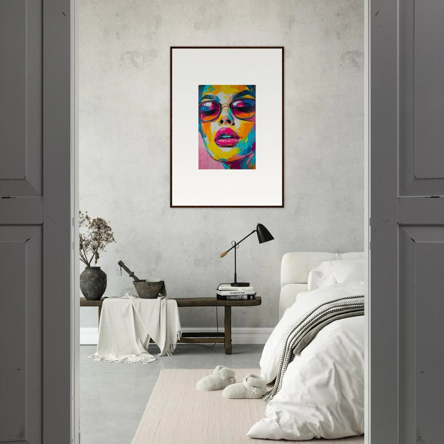 Colorful abstract portrait painting in a wooden frame for Petal Spectra Parade room decor