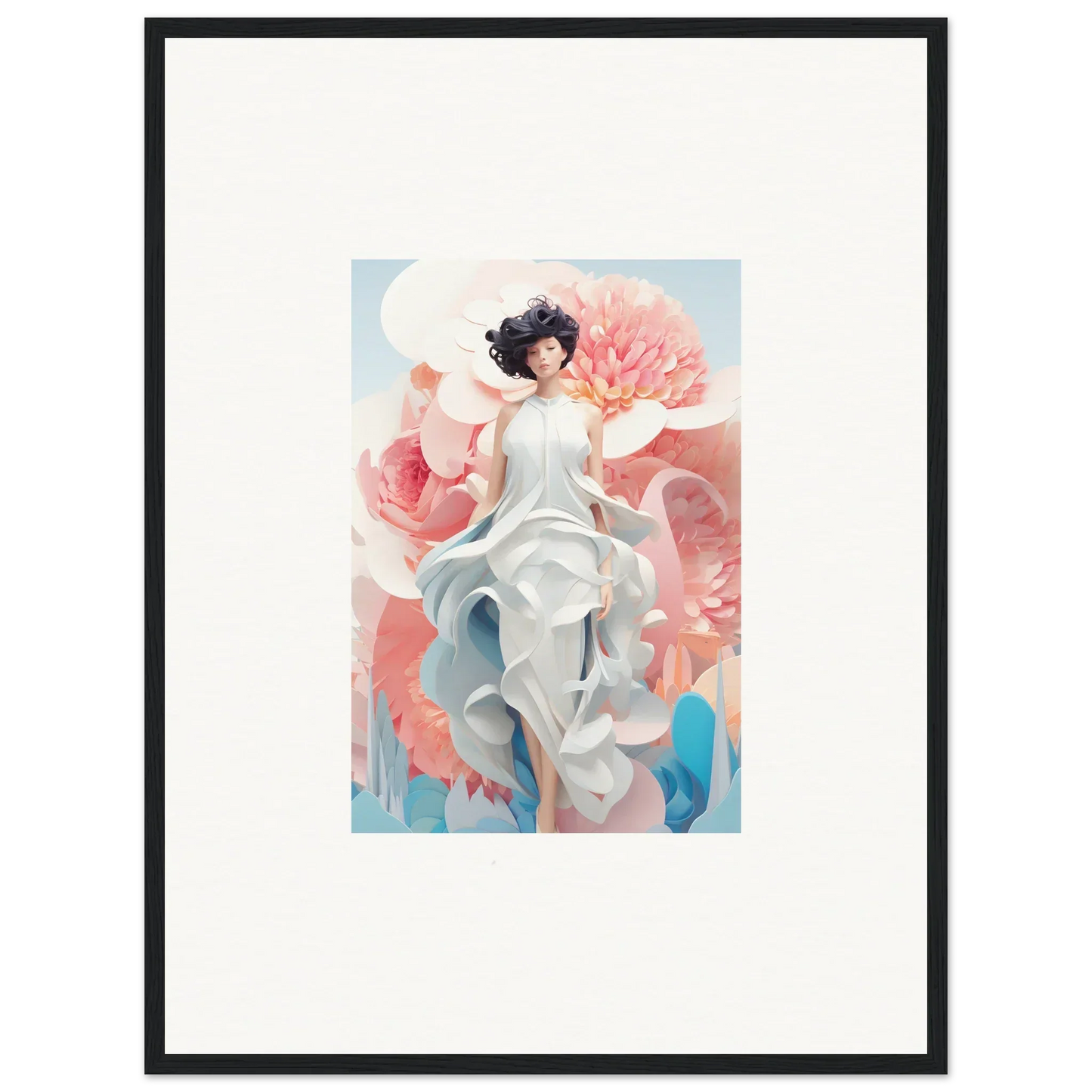 Framed canvas print of Dreamgatherer Muse with woman in white dress and pink flowers