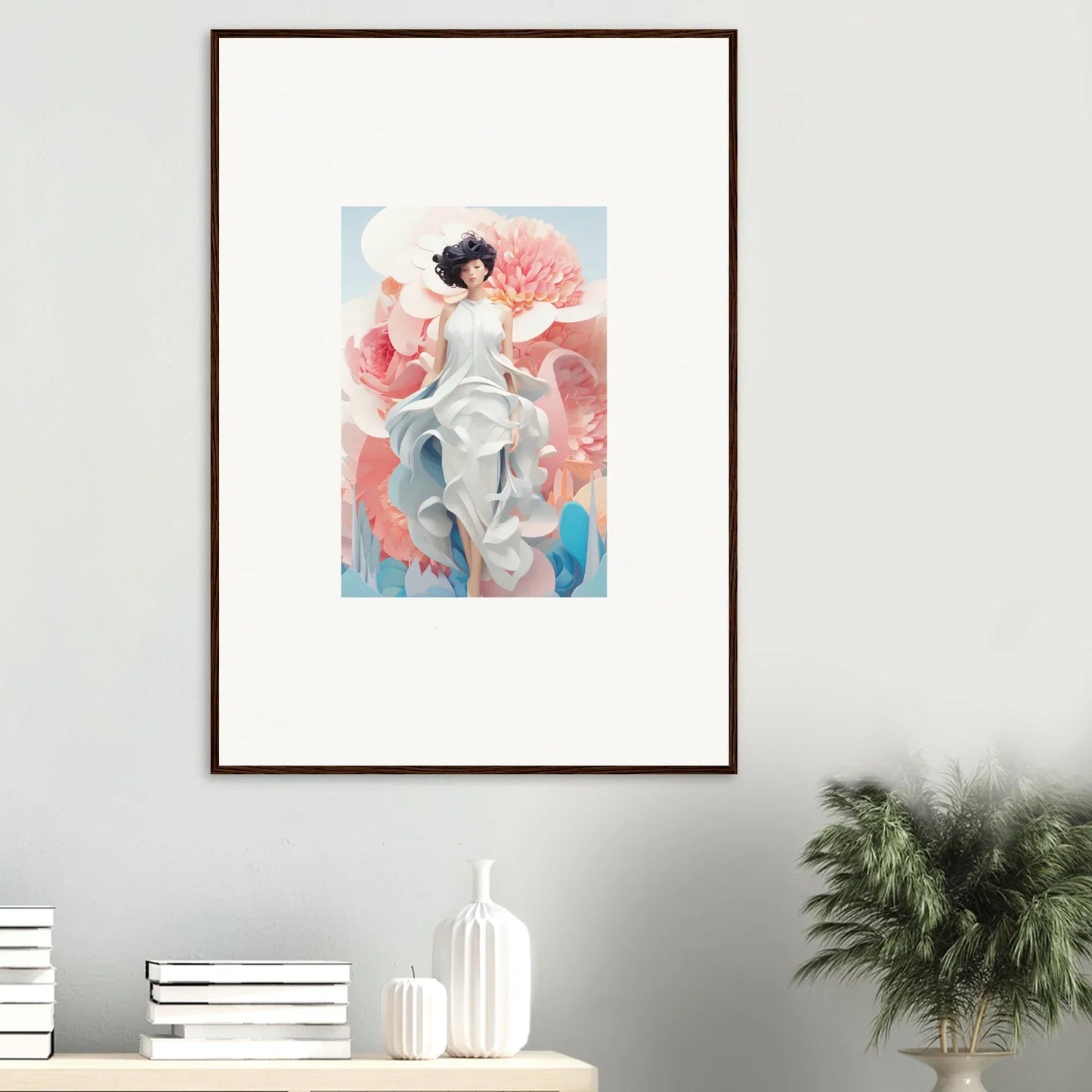 Framed canvas print of Dreamgatherer Muse with pastel flowers for stylish room decoration