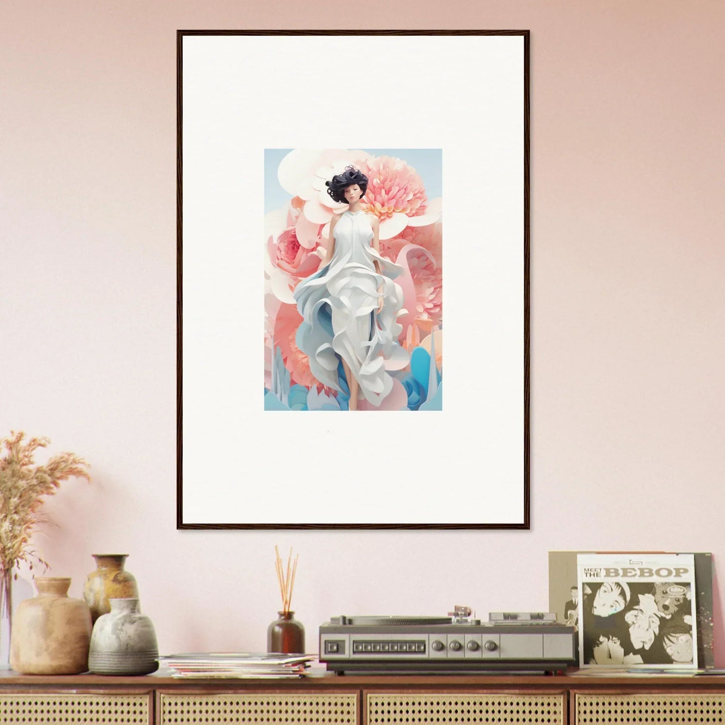 Framed canvas print of Dreamgatherer Muse with pink and blue abstract art for room decoration