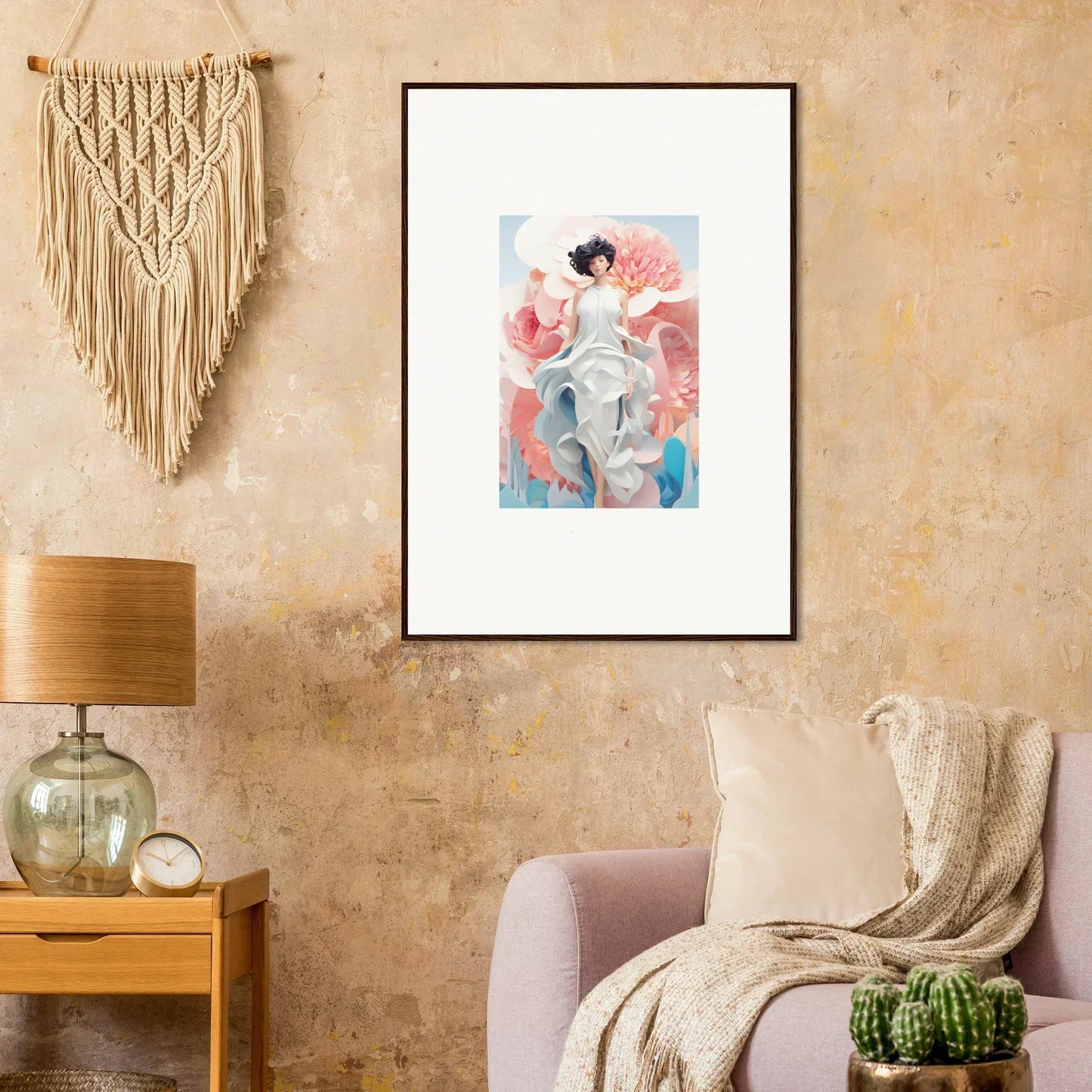Framed canvas print of a figure in soft pink and blue for dreamy room decoration