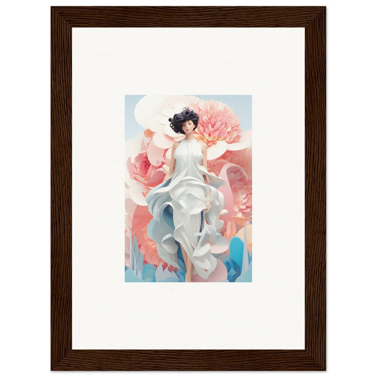 Framed canvas print of Dreamgatherer Muse featuring a woman in a white dress surrounded by pink flowers