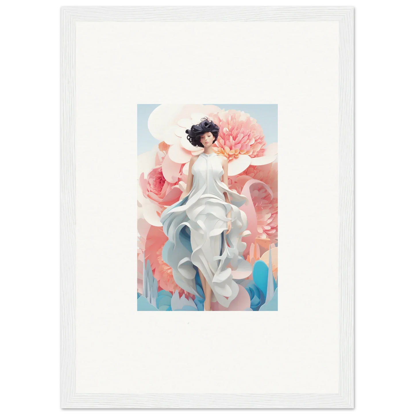 Ethereal figure in white dress with pink flowers for a dreamy canvas print decor
