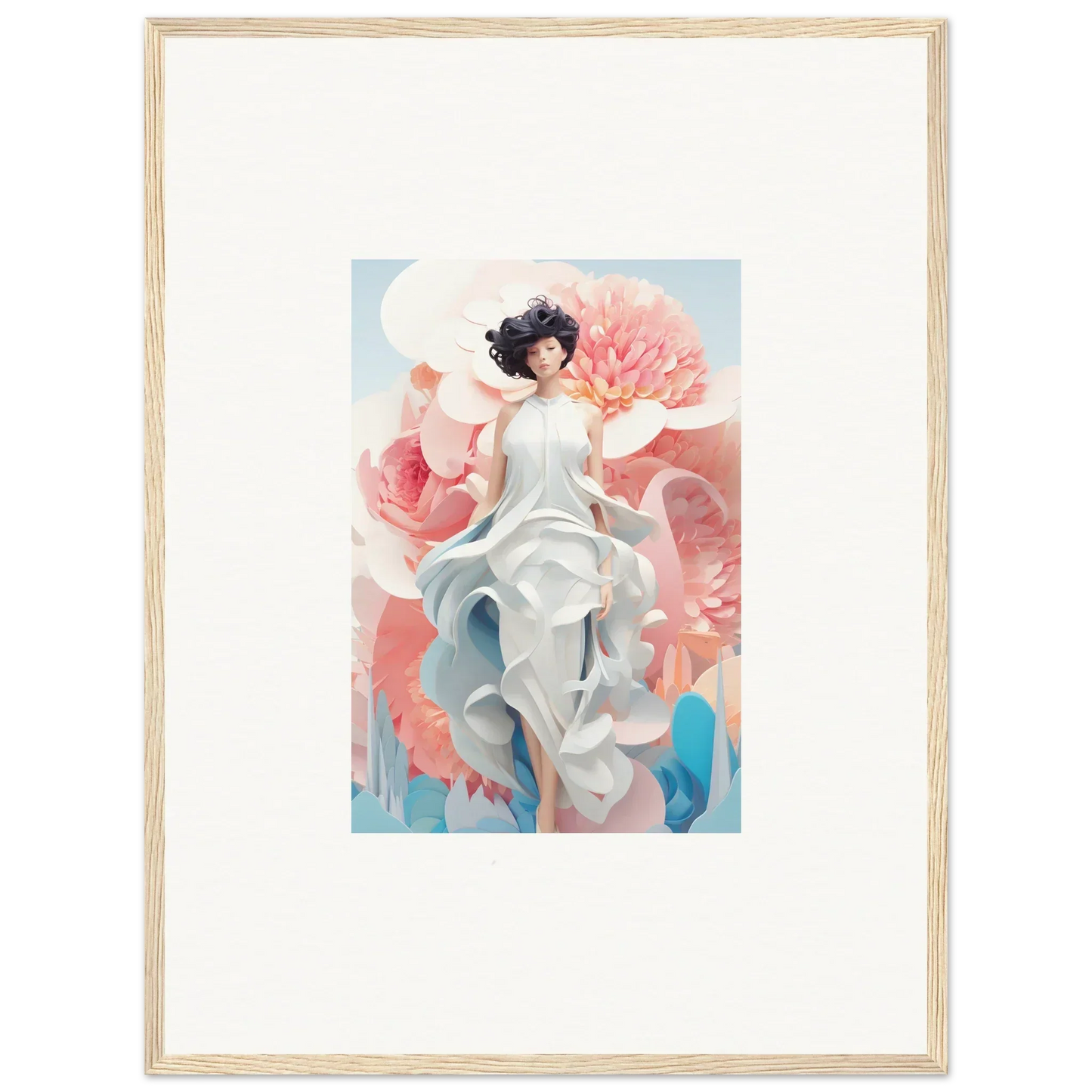 Framed canvas print of Dreamgatherer Muse in a flowing dress with pink flowers for room decoration